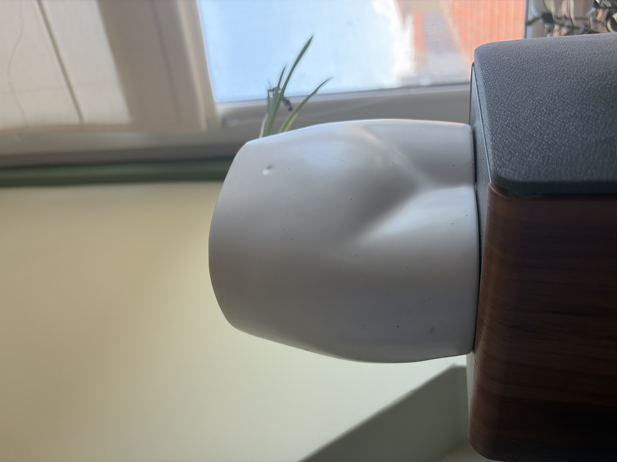 A white ceramic vase shaped like the buttocks of a human is placed on top of a wooden object. The vase is smooth and has subtle indentations that mimic the curve of the buttocks. A few small dark specks are visible on the surface of the vase. From inside the vase, a few thin green stems with purple flowers emerge and extend towards the right. In the background, a window reveals a blurred view of a blue sky with some clouds, and a hint of orange rooftops. The scene appears to be indoors, near a window, with natural light illuminating the objects.