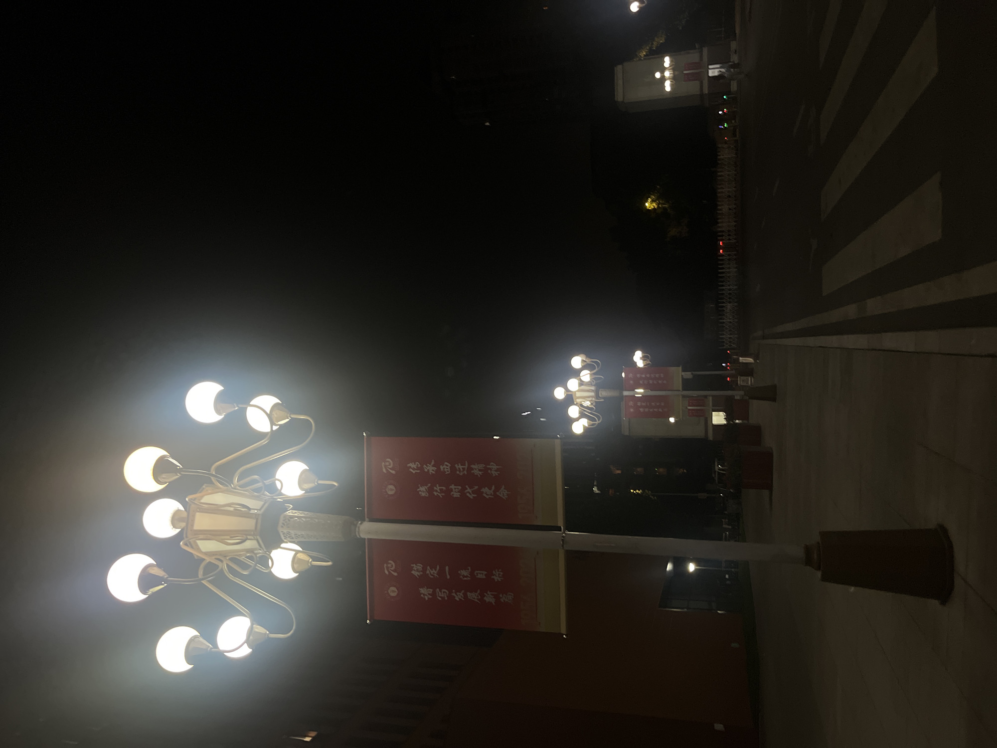 This nighttime image depicts a street scene in Yuzhong District, China, characterized by artificial illumination against a dark sky. In the foreground, a prominent street lamp with a grey pole features a central ornate lantern structure surrounded by eight spherical white light fixtures on curved arms, casting a bright glow. Attached to this pole are two vertical red banners with white Chinese characters and a logo, displaying "传承西迁精神 践行时代使命" (Inherit the spirit of "Westward Migration", fulfill the mission of the era) on the right banner and "锚定一流目标 谱写发展新篇" (Anchor the first-class goal, write a new chapter of development) on the left banner, both with "1954-2024" printed below.
To the immediate left of the street lamp is a large building with a reddish-brown facade and visible architectural lines. To the right, a paved sidewalk extends into the distance, lined with additional similar street lamps and rectangular planters. Parallel to the sidewalk is a two-lane road featuring a clearly marked white crosswalk. Beyond the road, a series of white temporary barriers are visible, followed by dark foliage and several more illuminated street lamps. In the far background, a large, illuminated architectural structure, possibly an entrance gate with two prominent white pillars, stands under the dark sky. No individuals or specific activities are observable in the scene.