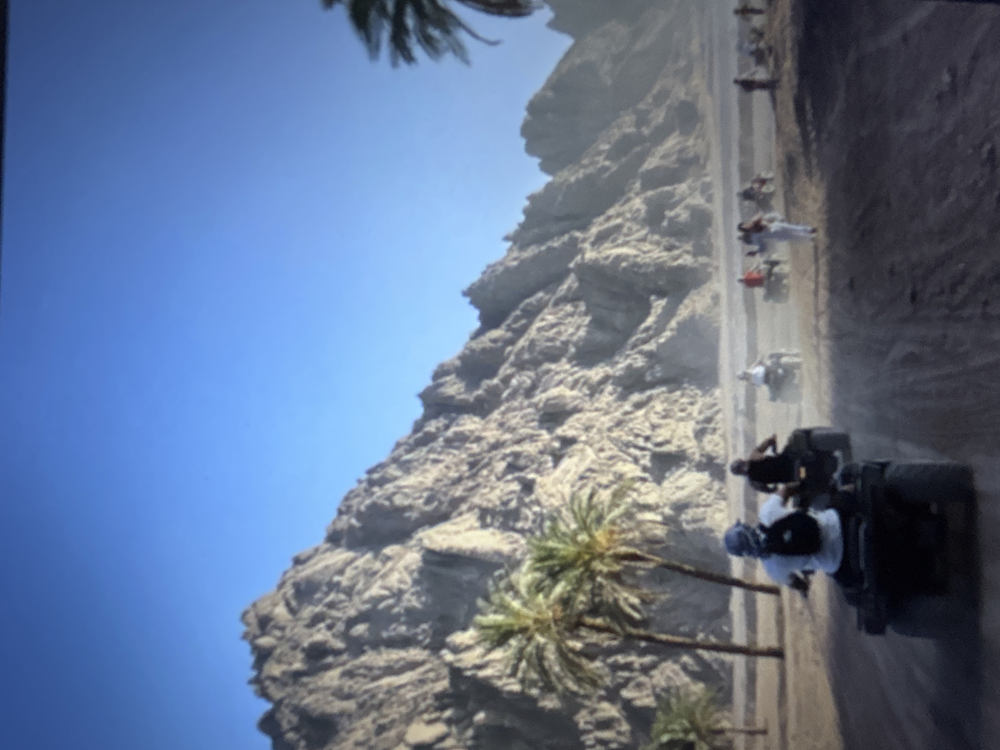 The image presents a panoramic view of an arid, mountainous landscape under a clear, brilliant blue sky. Rugged, light-colored rocky mountains with sharp peaks dominate the background, stretching across the frame. In the mid-ground on the left, several tall palm trees with green fronds emerge from the sandy, dusty terrain. A group of individuals is engaged in quad biking along a dirt track that winds through the scene. In the immediate foreground, viewed from behind, an individual on a dark ATV wears a white shirt, a dark head covering, and a black backpack. Another person on an ATV follows closely behind. Further into the distance, multiple other ATVs with riders and some individuals on foot are scattered across the dusty landscape, creating plumes of disturbed earth. The scene is brightly illuminated by natural daylight. The activity is located in Burgas, Bulgaria.