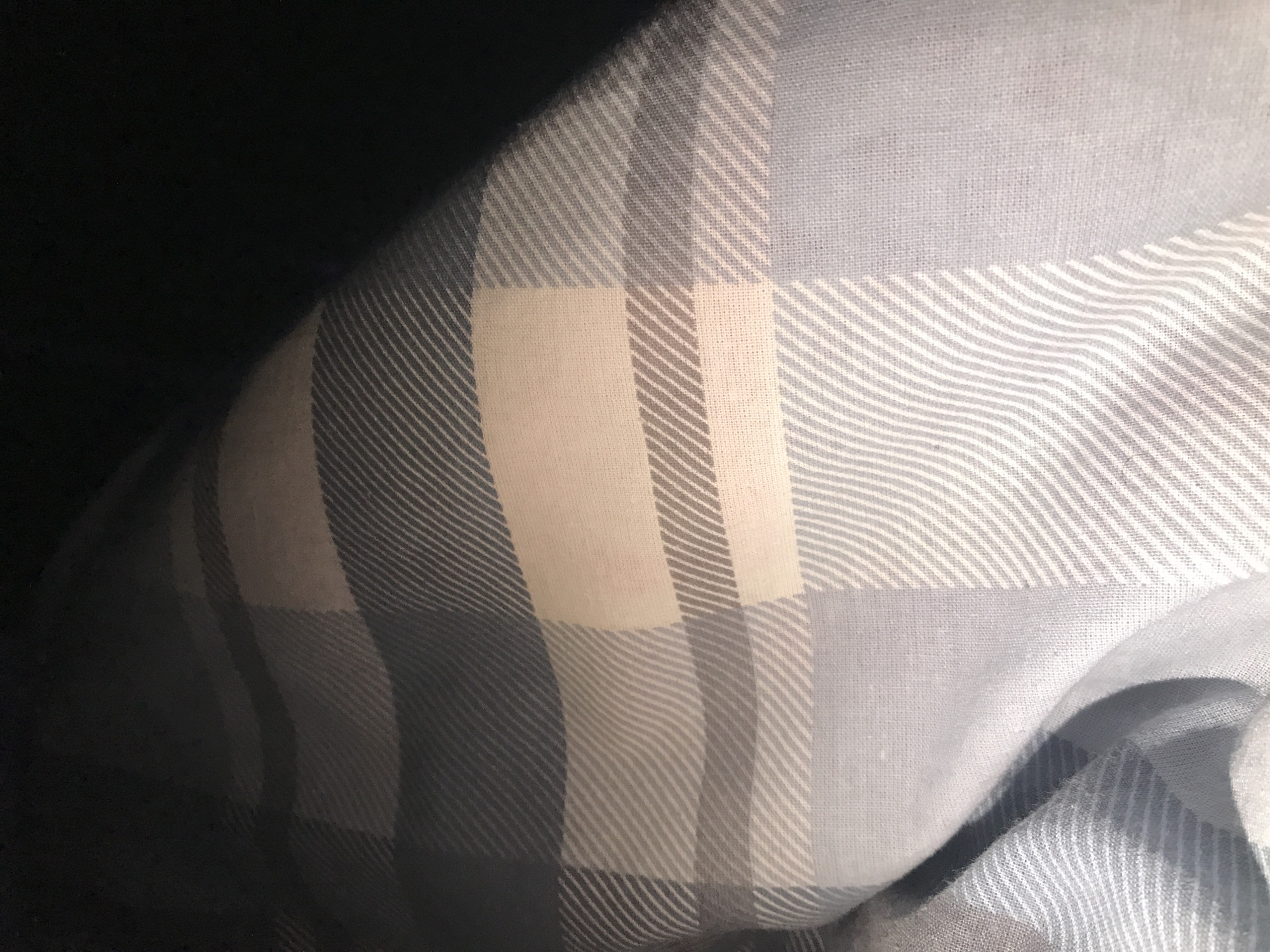 The image shows a close-up of a plaid fabric. The fabric has a pattern of intersecting lines in shades of gray, light blue, and cream. Part of the image is dark and out of focus, likely due to the object being close to the camera. The setting is unknown. There are no people in the image.