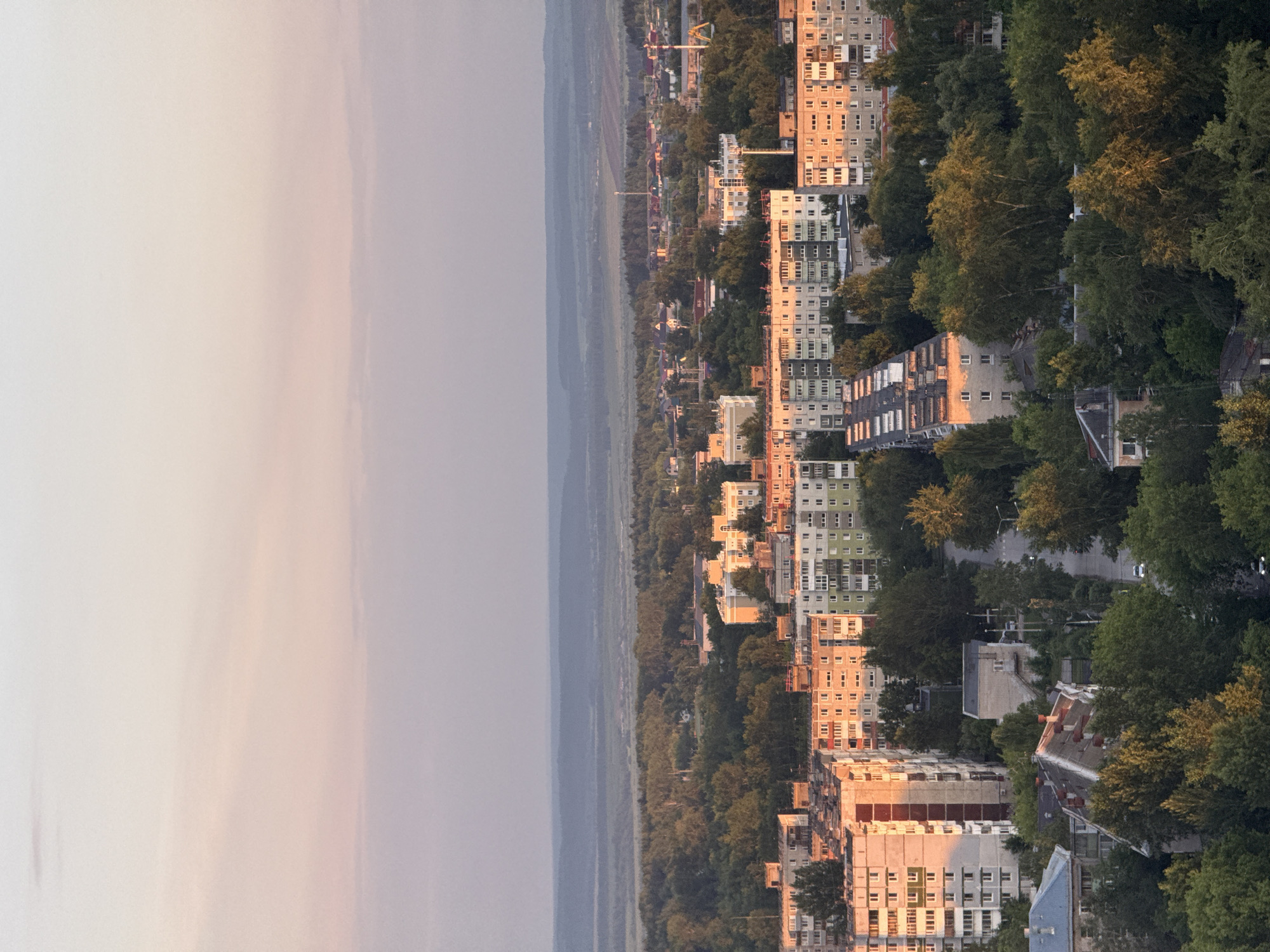 This high-angle, panoramic photograph, presented rotated 90 degrees counter-clockwise, captures an urban landscape during the golden hour. On the far left, the sky is a gradient of soft, pale pinks and purples, transitioning to a light grey. Moving right, a wide, flat expanse of land stretches horizontally, appearing hazy and featureless in the distance, possibly a river plain or wetlands.
The right side of the image is dominated by a densely packed city, characterized by numerous multi-story residential buildings interspersed with abundant mature trees. The apartment blocks vary in color, with facades in shades of beige, grey, and some with a greenish tint. Many buildings reflect the warm, golden light of the low sun, indicating either sunrise or sunset, creating strong orange highlights on their surfaces. Roads and smaller structures are visible between the clusters of trees and buildings. A large construction crane can be seen in the central part of the urban area, suggesting ongoing development.
No specific human activity, individuals, or discernible text are visible due to the high vantage point and distance. The architectural style of the buildings is consistent with urban environments in Russia, aligning with the Perm context. The scene conveys a sense of peaceful urban expansion against a broad natural backdrop.