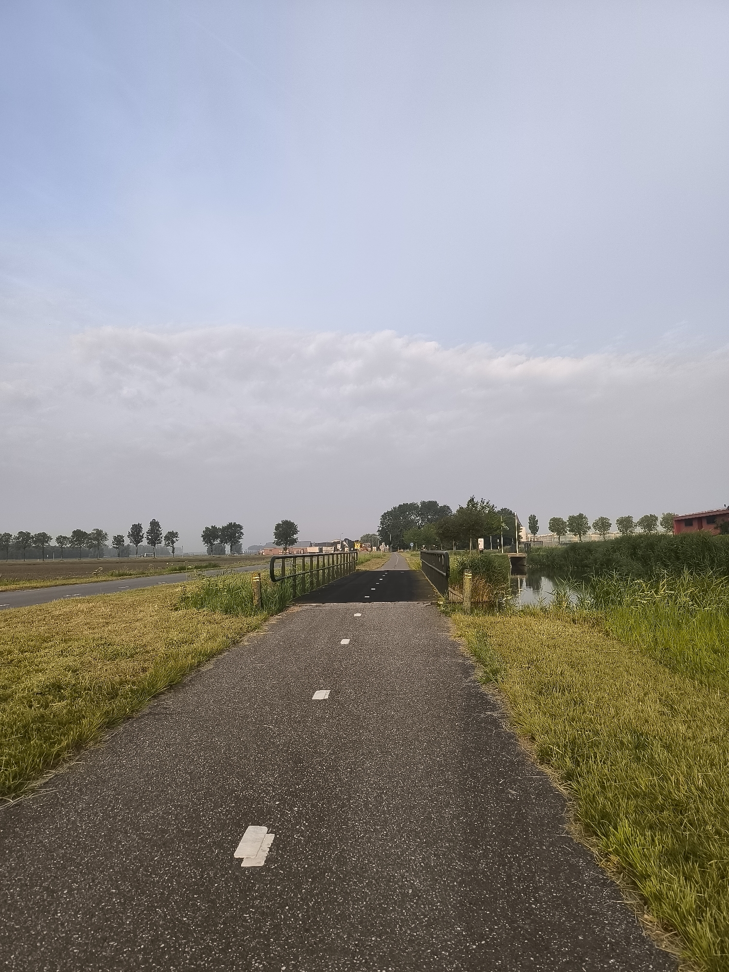 A vertical, eye-level, full shot captures a paved bike path in the city of Andijk, Netherlands, on a cloudy day. The path, marked with white dashed lines, leads toward a small bridge. To the left of the path, a field of dry, yellow grass extends to a treeline bordering a flat agricultural field. To the right of the path, a narrow canal is visible, lined with lush green reeds and grasses. In the distance, beyond the canal, a row of houses and trees can be seen. The sky is a pale blue with scattered white clouds. The overall scene depicts a rural landscape with a well-maintained bike path.