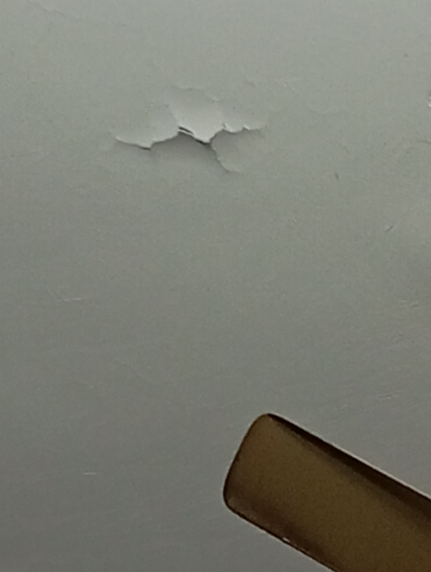A close-up, overhead shot shows a section of a white ceiling with peeling paint, as well as a portion of a brown object, likely a ceiling fan blade, in the lower right corner. The peeling paint creates irregular, thin flakes that lift away from the ceiling surface, revealing a slightly darker layer underneath. The lighting is diffused, casting soft shadows and highlighting the texture of the damaged paint. No people or any other identifying features of the environment are visible. The scene is devoid of any context that would place it in Lassan, Pakistan.