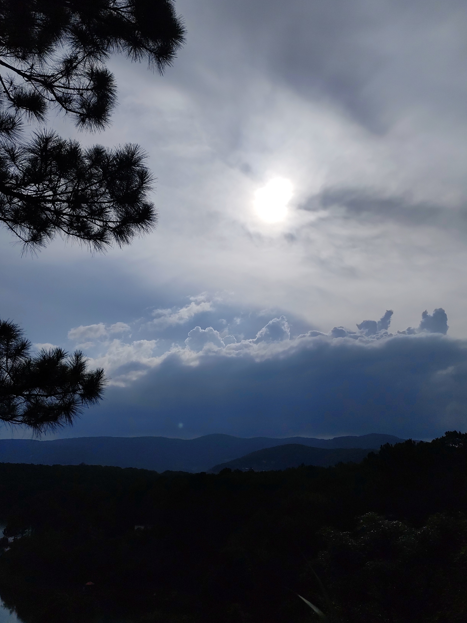 The image captures a landscape scene in Da Lat, Vietnam, characterized by a silhouette of pine trees in the foreground, obscuring parts of the sky and mountains. The sky is overcast with a bright sun partially obscured by clouds. Below the clouds, there are layers of mountains receding into the distance. The foreground is dominated by dark vegetation. A small body of water is visible on the lower-left corner.