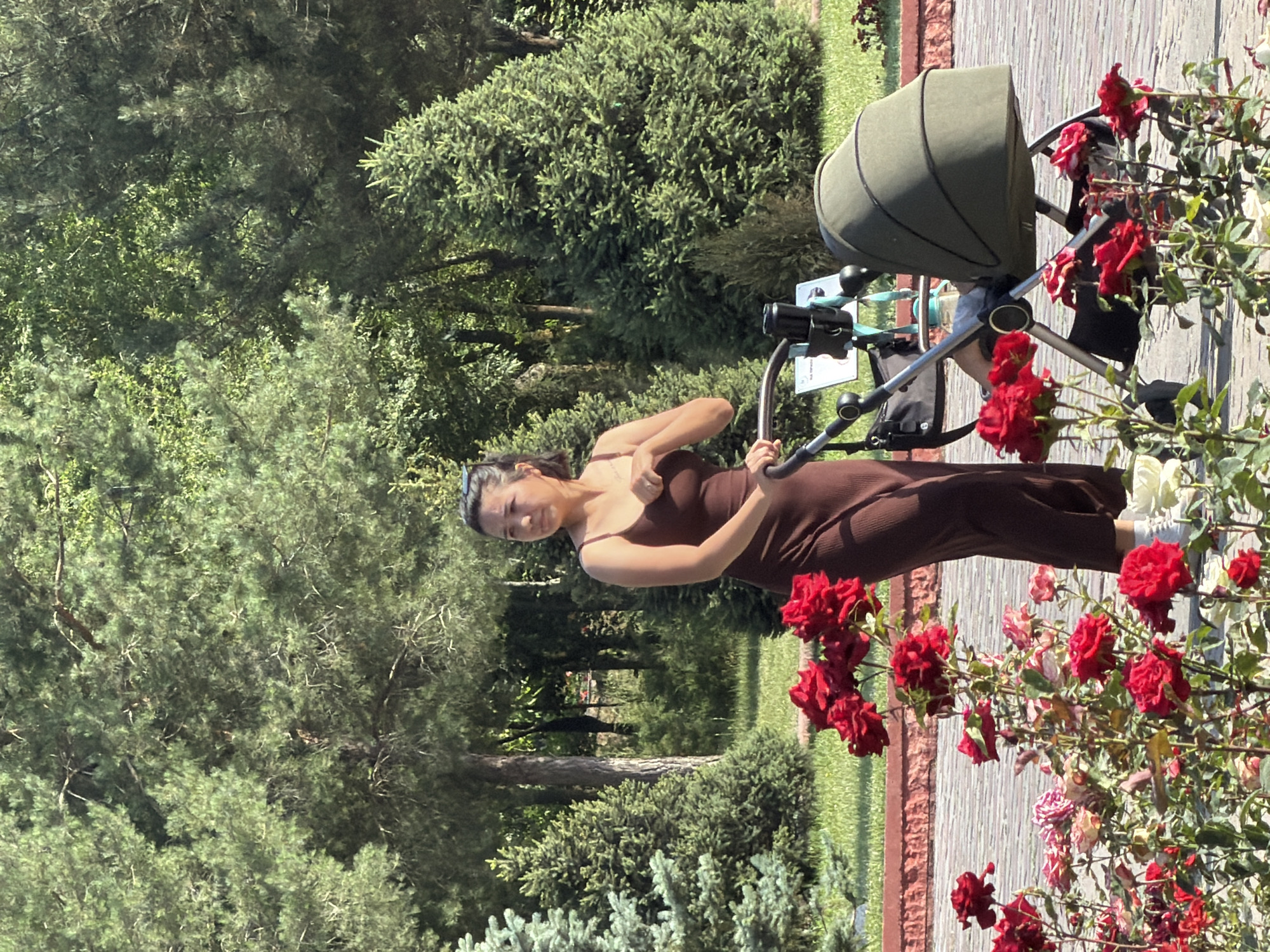 A woman in a brown dress stands in a park next to a stroller. She is looking to her right. The stroller is dark green with black accents and has a cup holder. There are red roses in the foreground. In the background, there are trees and grass. The ground is paved with bricks. The image is taken from a slightly low angle.
