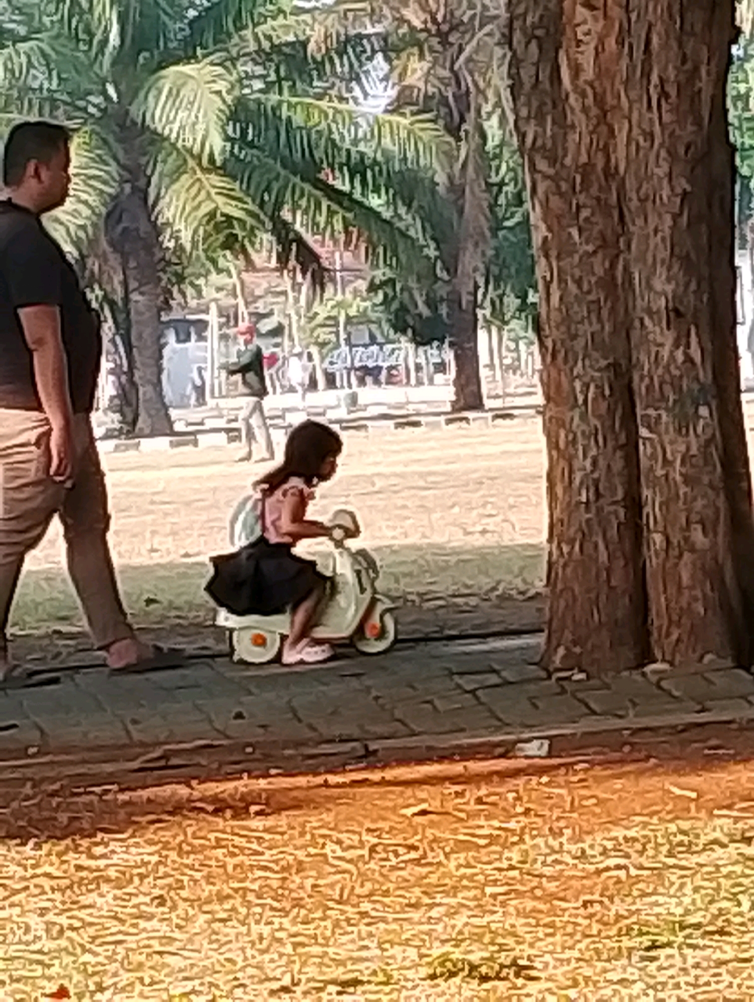 In Probolinggo, Indonesia, a young girl with dark hair rides a white toy scooter on a paved path. She is wearing a pink shirt and a black skirt that flares out around her. Her feet are positioned on the footrest of the scooter. To the left of the girl, a man with dark hair is walking away from the camera. He is wearing a black t-shirt and light-colored pants. In the background, palm trees and other foliage are visible, suggesting an outdoor setting with warm weather. The sun appears to be shining, casting shadows and illuminating the scene, likely indicating it is daytime. The overall atmosphere appears relaxed and casual, suggesting a family outing or a leisurely day.