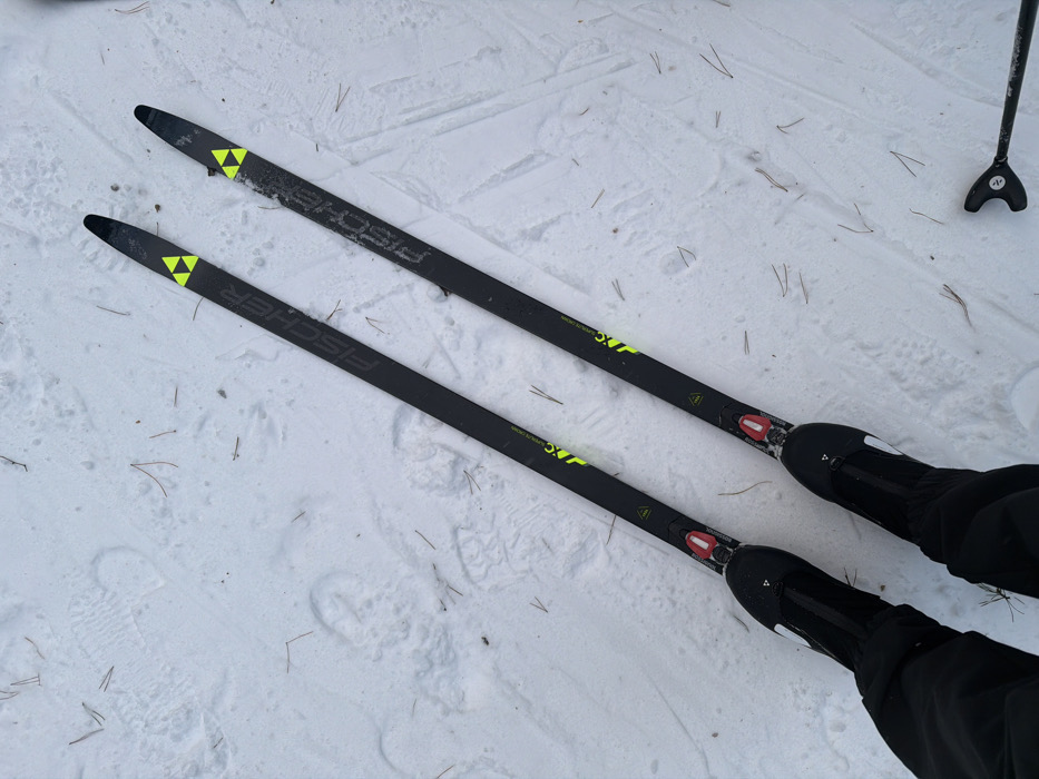 The image presents a top-down view of a person's lower extremities, specifically their feet in ski boots attached to cross-country skis, situated on a snow-covered surface in Nemchinovo, Russia. Two black Fischer brand cross-country skis with yellow branding and accents are visible, oriented diagonally across the frame. Both skis are secured to black ski boots, which are partially obscured by black ski pants. The snow-covered ground displays faint tracks from previous activity and is scattered with numerous dry, thin pine needles. The basket and a segment of a black ski pole are visible in the lower right corner, resting on the snow.