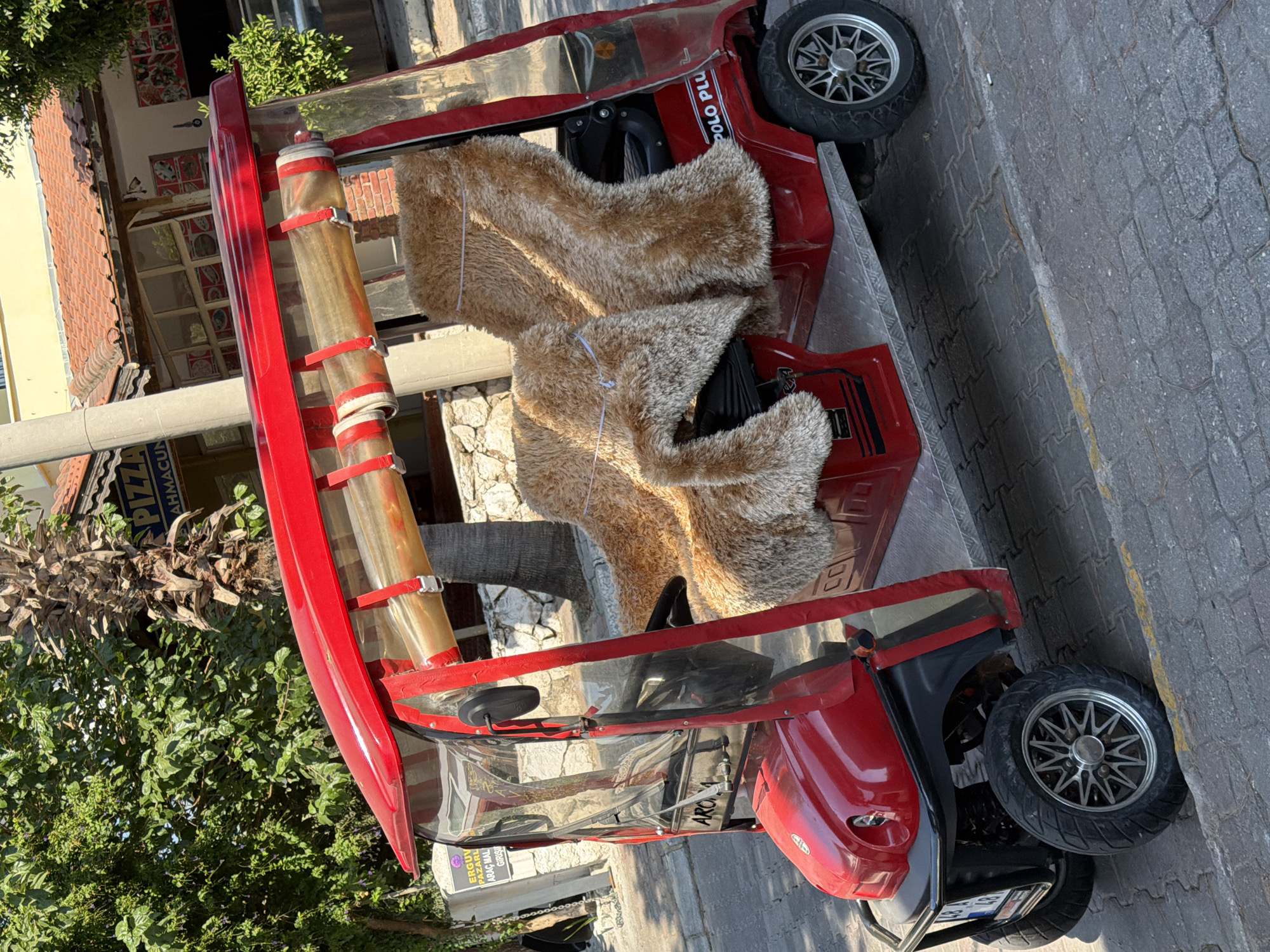 A red, open-air, four-wheeled vehicle, possibly a golf cart or a specialized taxi, is parked on a paved street in Marmaris, Turkey. The vehicle has a clear plastic enclosure and is fitted with plush, brown, faux-fur seat covers. Visible text on the side of the vehicle reads "POLO PLUS." Behind the vehicle, a building with a tiled roof and awnings suggests a commercial area, with trees and a palm tree providing a green backdrop. A street sign is partially visible to the left. The scene is brightly lit by sunlight, indicating daytime.