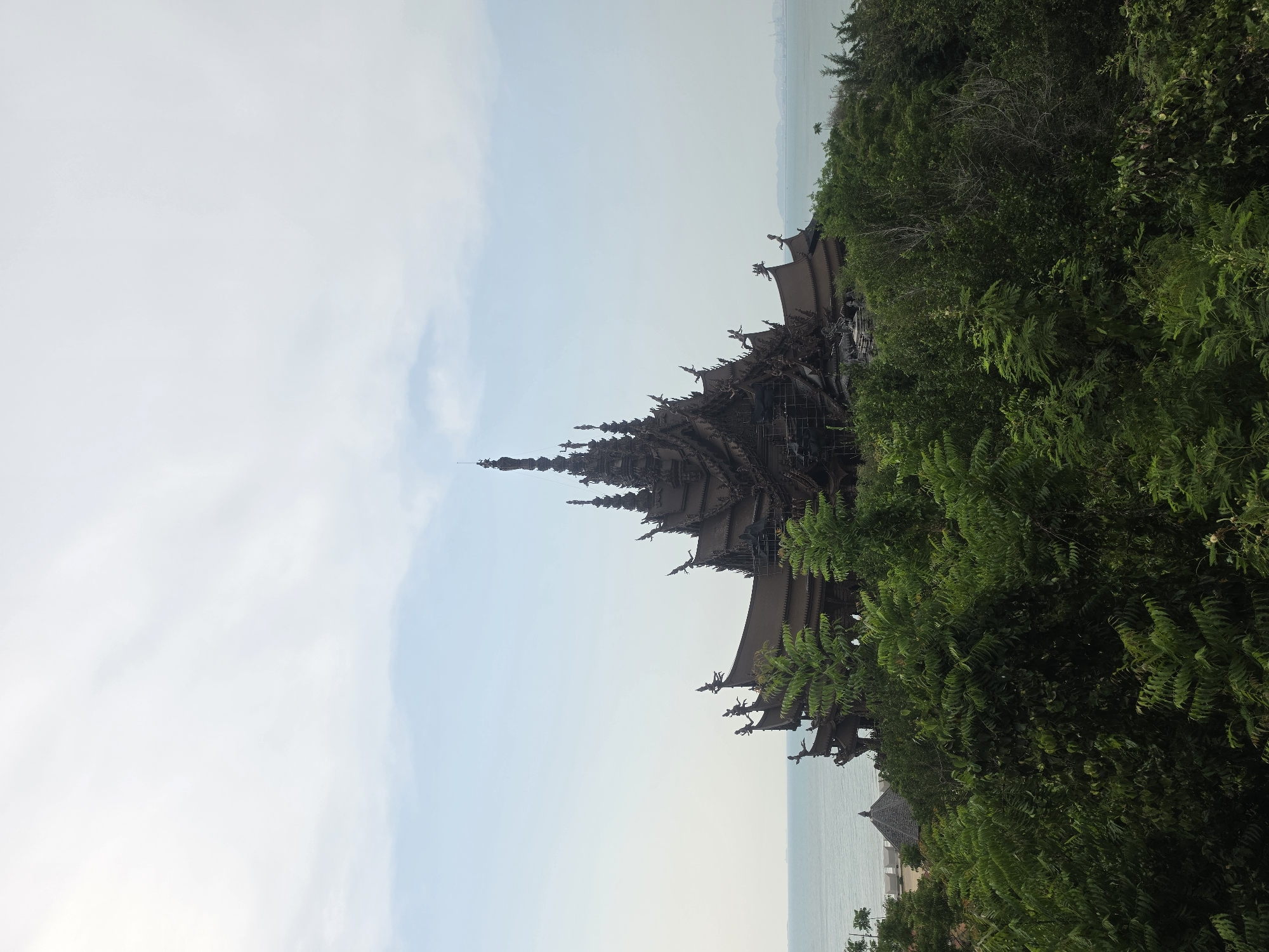 The image captures a panoramic view of the Sanctuary of Truth, an intricately carved wooden temple-like structure, in Pattaya City, Thailand. The majestic building stands prominently on a coastal bluff, partially enveloped by dense, vibrant green foliage. Its complex architecture features multiple towering spires, ornate roofs, and highly detailed sculptural elements characteristic of traditional Thai craftsmanship.
The structure itself is made of dark wood, showcasing numerous carved figures and patterns that adorn its surfaces. Lush green trees and bushes frame the right side of the image, with some branches extending into the foreground, providing a natural border to the scene. In the background, a serene body of water, the sea, stretches towards the horizon under a light blue, hazy sky. The sky is bright with soft white clouds, indicating it is daytime, likely late morning or early afternoon.
No people or specific activities are visible in the frame; the focus is solely on the architectural marvel and its scenic natural setting. The scene conveys a sense of cultural richness, intricate artistry, and peaceful grandeur, situated by the tranquil sea. The image is captured in a vertical orientation, showcasing the height of the temple's spires and the expanse of the sky.