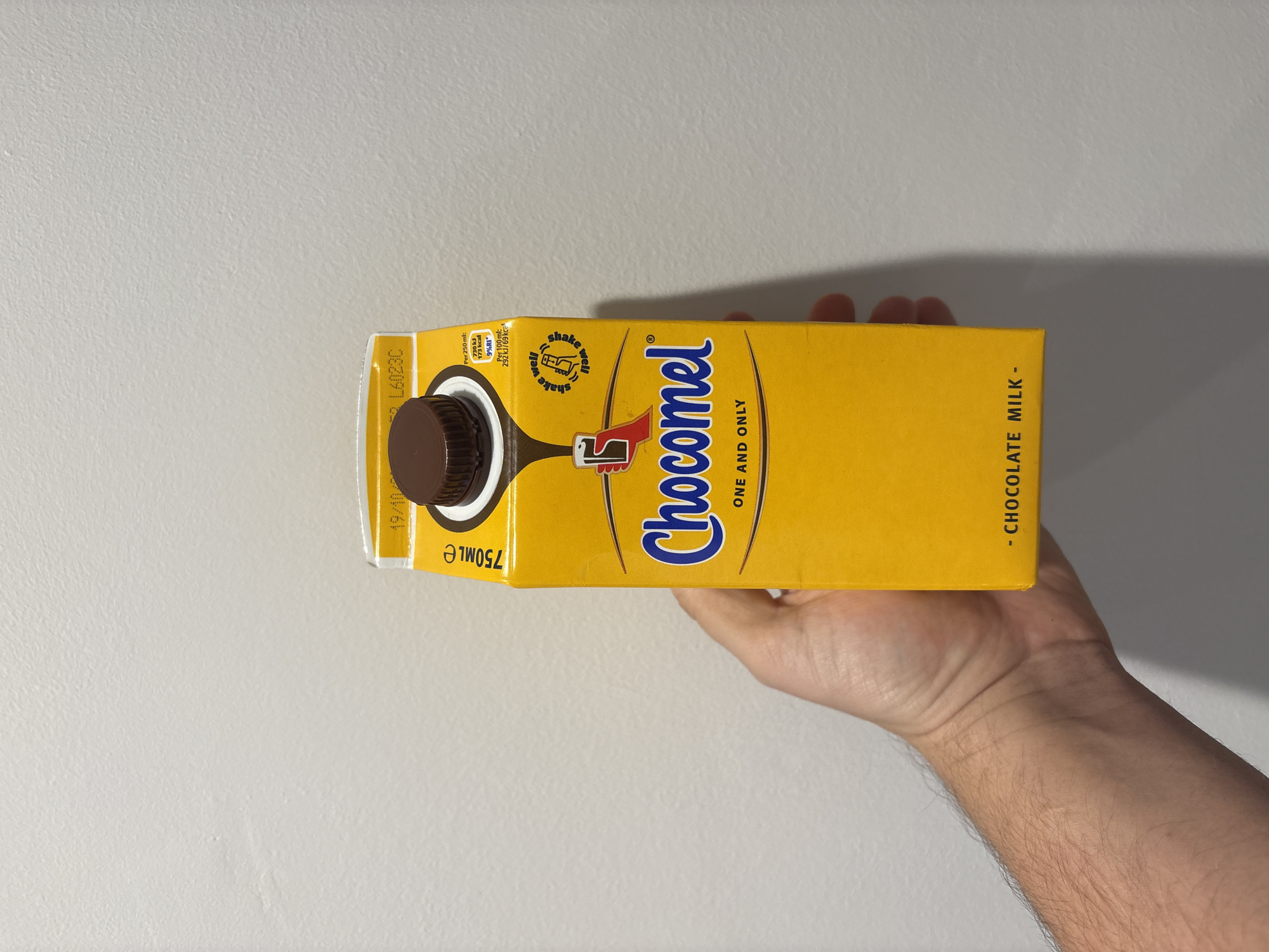A person's right hand and forearm holds a yellow Chocomel chocolate milk carton vertically against a plain, light-textured wall. The carton's front label features "Chocomel" in blue, with "ONE AND ONLY" below it, and "CHOCOLATE MILK" at the bottom. A brown plastic screw cap is present at the top. "750MLE" is printed on the left side, and "19/10" along with "L6023C" are visible on the top flap, indicating a date or batch code. Nutritional information, including "Per 250 ml: 730 kJ / 173 kcal" and a "shake well" icon, is partially visible on the upper right. The specific location within the city of London, United Kingdom, is not discernible from the image.