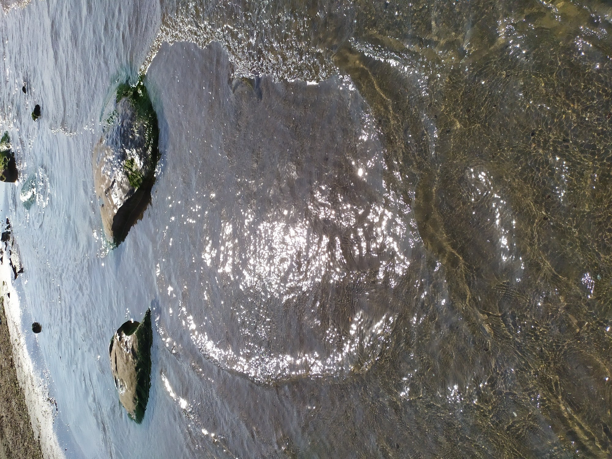 The image captures a close-up view of the shallow, murky water at the edge of a shoreline in Sabunchu Raion, Azerbaijan. Several smooth, algae-covered rocks are partially submerged in the water. The surface of the water is disturbed by gentle ripples, and the sunlight reflects off the water, creating numerous sparkling highlights. The sandy shoreline is visible in the upper left corner of the image, with some debris scattered on it. The overall scene is natural and serene, depicting a typical coastal environment.