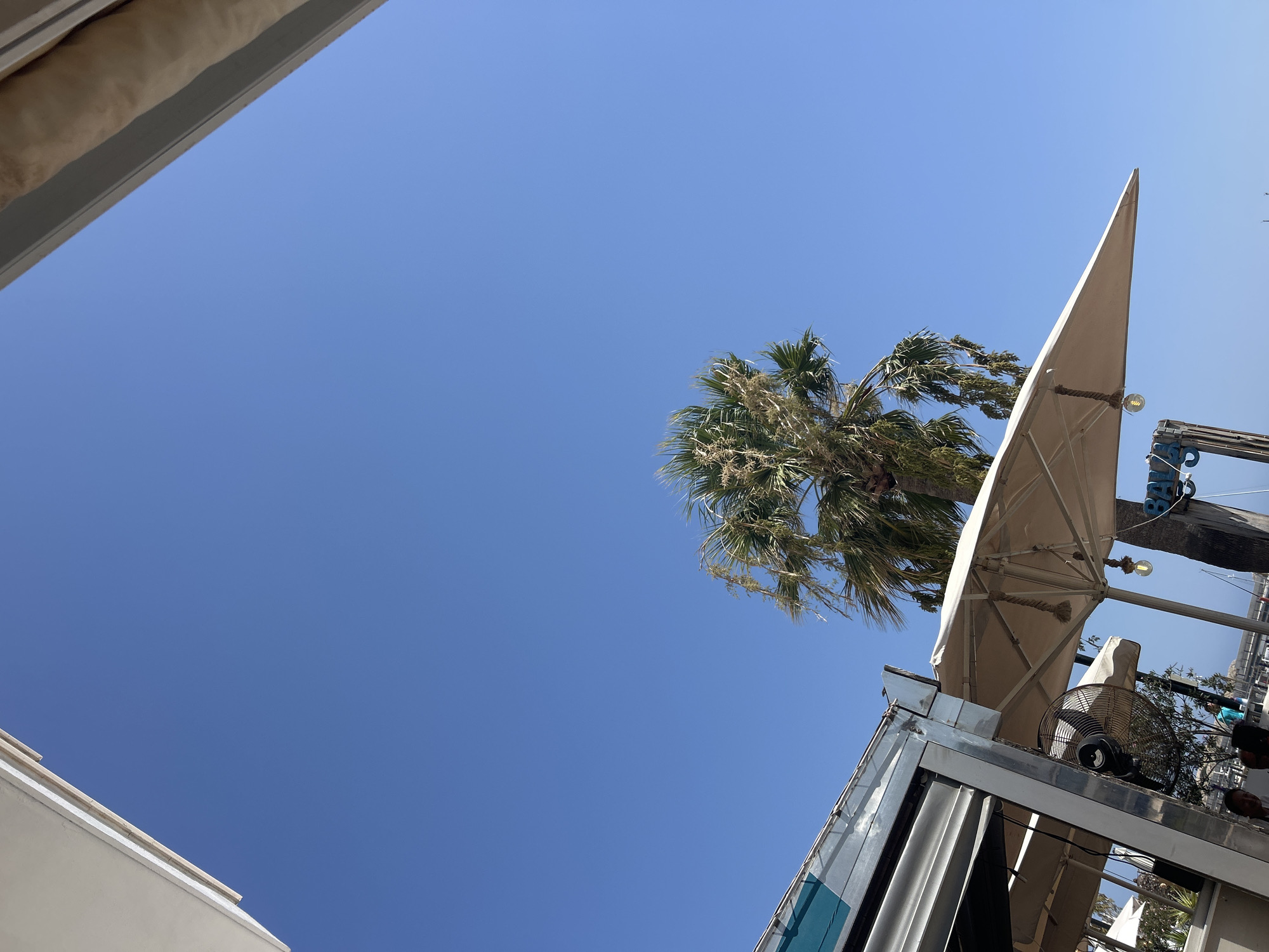 The image depicts an outdoor scene in Cala Rajada, Spain, with a clear blue sky dominating the frame. In the foreground, the corner of a white awning or building structure frames the upper left of the image, and another similar structure frames the upper right, creating a V-shape against the sky.
Below the sky, on the left, is a metallic structure, possibly part of a bar or cafe, with a teal blue accent. A large, industrial-style fan is attached to this structure. Beneath this structure, several cream-colored umbrellas are visible, some partially open and providing shade. One umbrella in the foreground is angled upwards, revealing a lightbulb hanging from a rope.
A palm tree stands centrally in the image, its fronds extending upwards and to the right, partially obscuring the sky. The palm tree appears weathered, with some fronds drooping.
At the bottom of the image, near the metallic structure, a few people are faintly visible, suggesting an establishment that is open. The overall impression is of a sunny day at a coastal location, likely a restaurant or bar near the sea.
