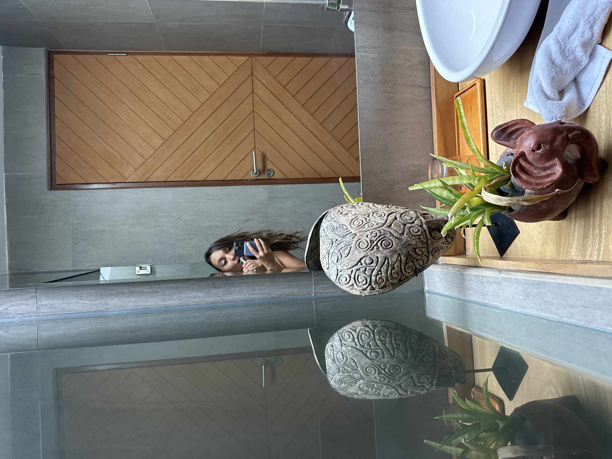 A woman is visible in a mirror taking a photograph of herself in a bathroom, with a sink, towel, decorative elephants, and plants. The location is Sukawati, Indonesia. The bathroom has a wooden cabinet above the sink.