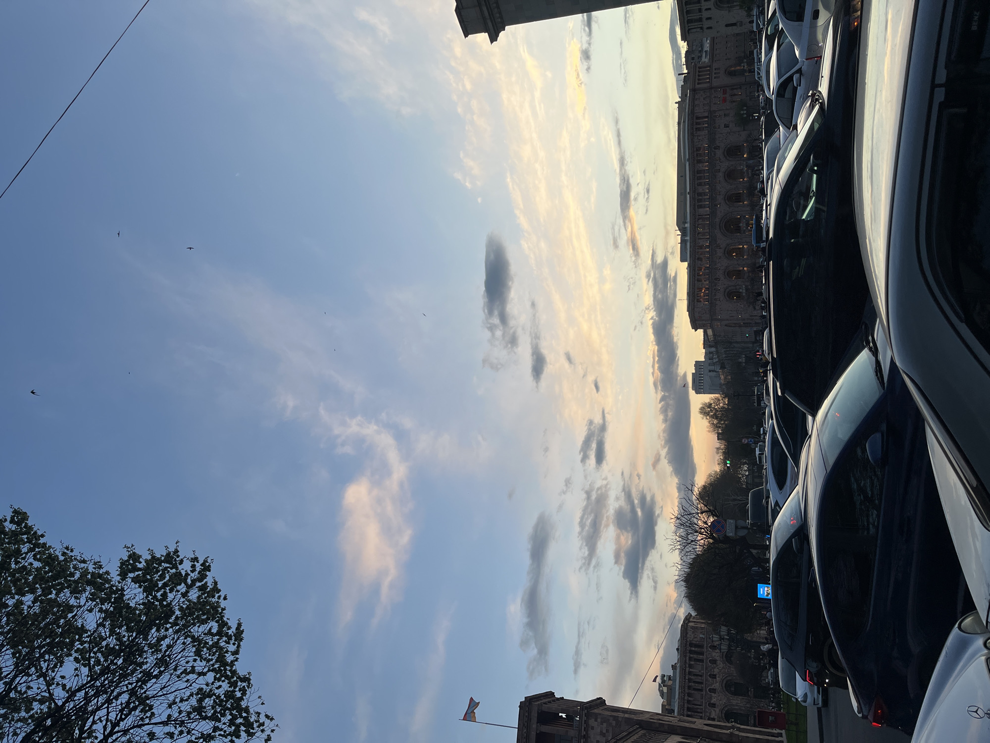 The image shows a view in Yerevan, Armenia, dominated by the sky with scattered clouds at sunset. Below the sky, a line of parked cars occupies the right side of the frame. The architecture of Republic Square is visible in the background, as well as an Armenian flag flying atop a building. A tree with budding leaves is partially visible on the left side of the image. Several birds are flying in the sky. The image appears to have been taken from street level, looking upwards.