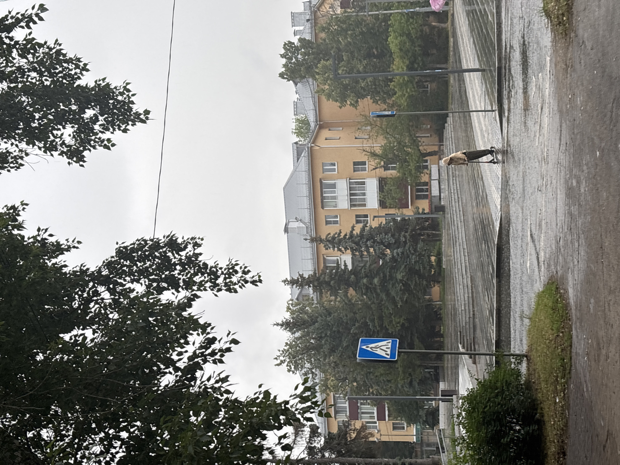 In Nizhny Novgorod, Russia, on a cloudy day with wet pavement, a person rides a scooter across a crosswalk. The person is wearing a hooded jacket. Behind the crosswalk, a multi-story yellow building with a gray roof stands. Trees are visible in front of and around the building. A blue and white pedestrian crossing sign is posted on a metal pole. The foreground shows a wet, paved area.