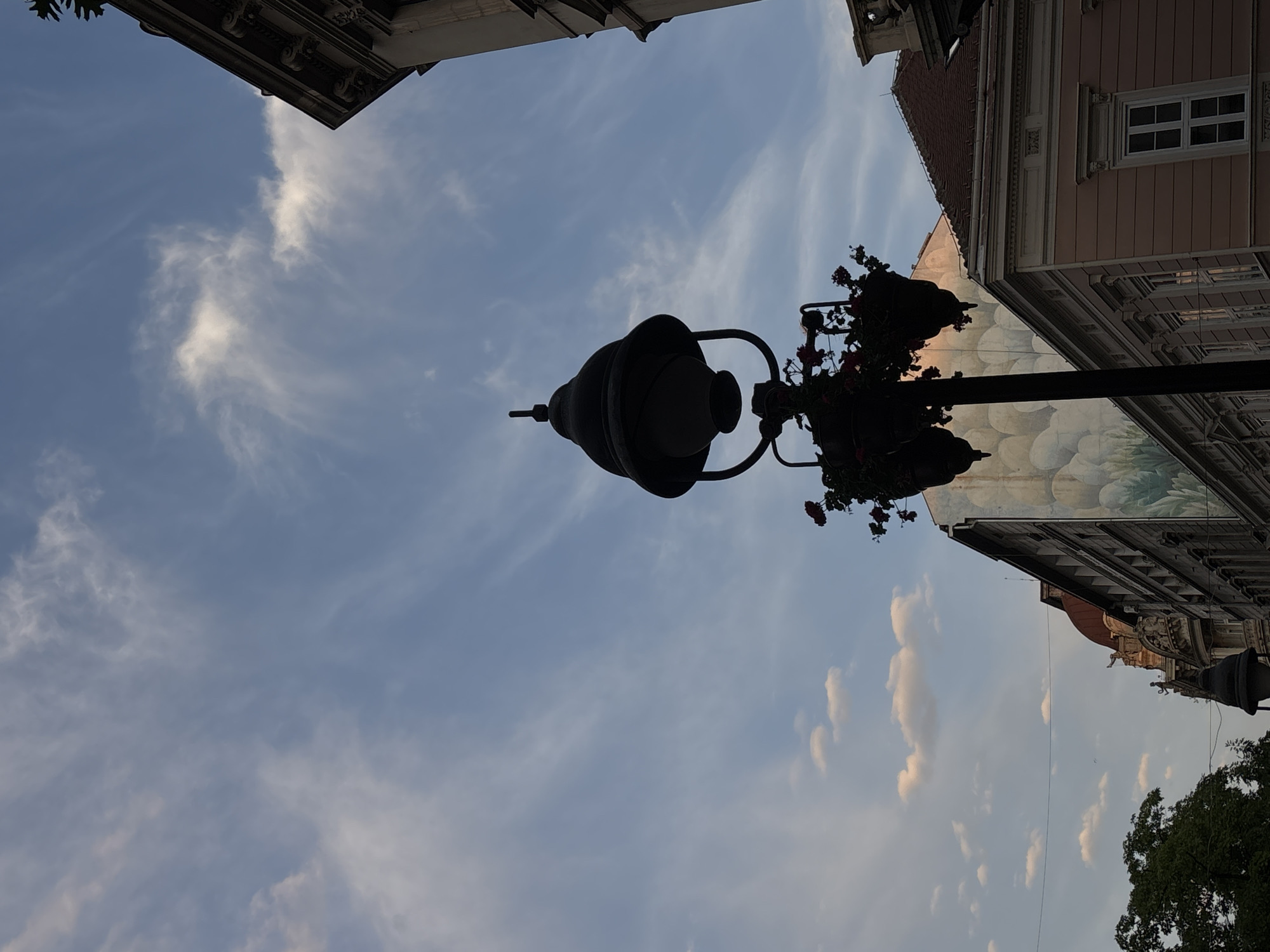 The photograph captures a street scene in Belgrade, Serbia, dominated by a silhouette of an ornate lamppost against a sky filled with wispy clouds. The lamppost, adorned with hanging baskets of red flowers, is positioned centrally in the frame. To the right, the corner of a building with classical architectural details and a large window is visible. Behind the lamppost, a building with a mural depicting clouds is partially obscured by the lamppost and the building to its right. Further back, the domed roof of another building is visible, along with the dark green foliage of a tree on the left side of the image. The overall impression is that of an urban environment during daylight, possibly late afternoon given the lighting and cloud formations.