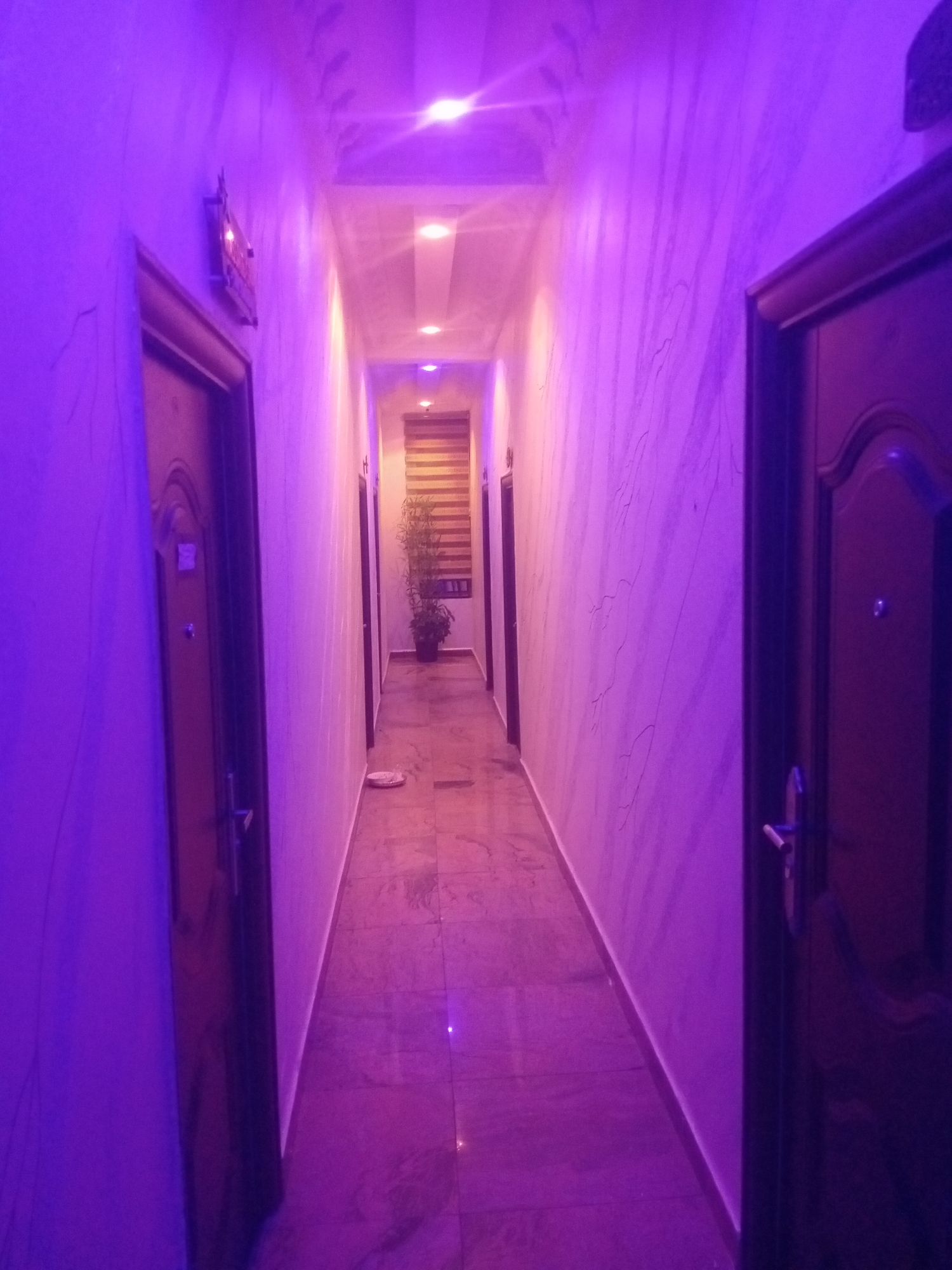 The image shows a narrow hallway with doors on either side, illuminated by purple and pink lighting. The hallway appears to be in a residential or commercial building, possibly in Sabon Gari East, Nigeria. The walls are textured and a potted plant is visible at the far end of the hallway. The floor is tiled and reflects the colored lights. There are no people visible in the image.