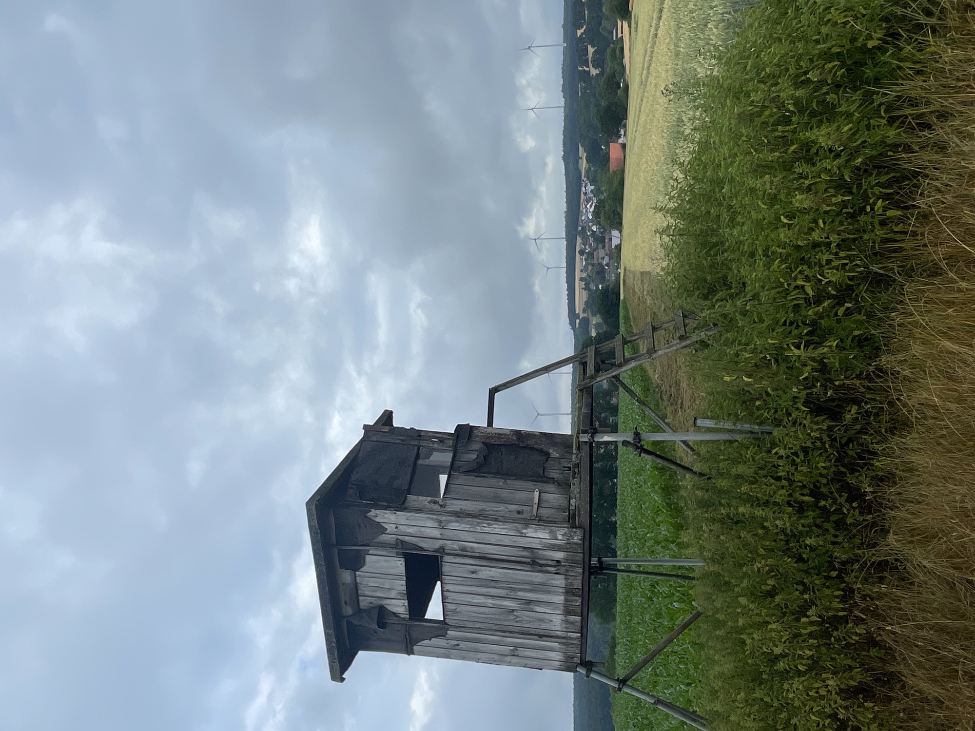 The image depicts a weathered wooden hunting blind situated in a field near Hattendorf, Germany. The blind, elevated on metal supports, has a rough, unfinished appearance with visible wooden planks and some tattered dark material hanging from its sides. A wooden ladder provides access to the elevated structure.
In the background, rolling hills are covered with agricultural fields. To the left, a field of green crops, possibly corn, is visible. To the right, a field of golden grain, likely wheat or barley, stretches towards a small village nestled in a valley. The village features several buildings, including some with red roofs. A wind farm with multiple wind turbines is prominent on the horizon, dotting the landscape with their tall, white structures.
The sky is overcast with heavy, grey clouds, suggesting a cloudy or potentially rainy day. The foreground is dominated by lush green vegetation and dry, brown grass. No people or animals are visible in the frame. The scene is static and captures a rural, agricultural environment under a muted sky.