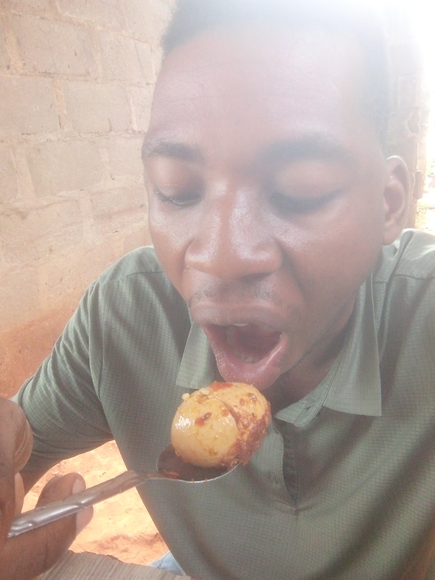 A dark-skinned man is about to eat a seasoned egg from a spoon. He wears a patterned green short-sleeve shirt. The background is a textured light tan wall. The location is Unknown, Unknown.