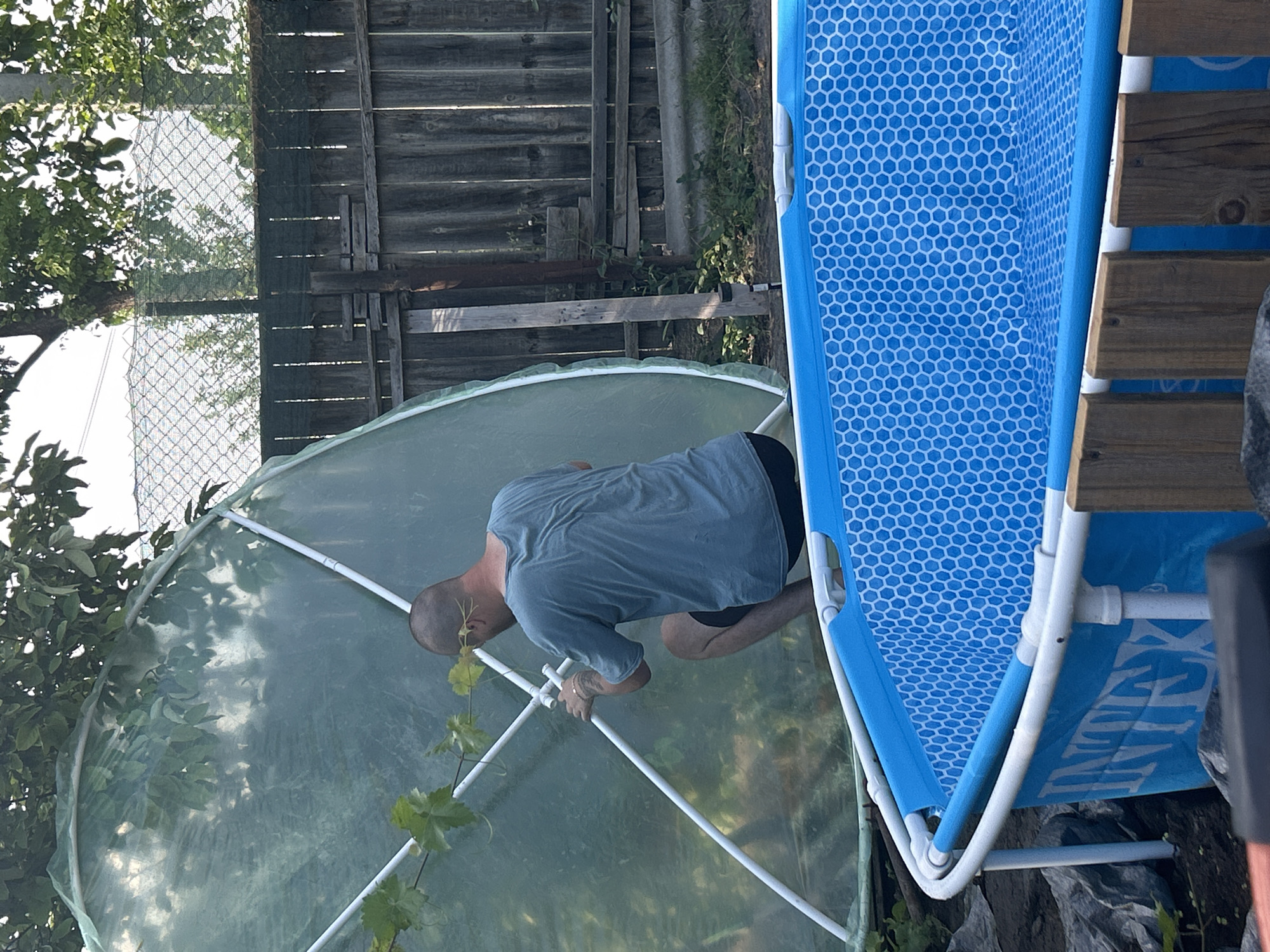 In the city of Prokhladny, Russia, a person is seen kneeling beside a partially assembled blue and white Intex swimming pool. The person, wearing a grey t-shirt and black shorts, is working on a white PVC pipe structure covered with translucent green plastic sheeting, possibly a greenhouse or a protective cover for a garden. The background features a weathered wooden fence and lush green trees.