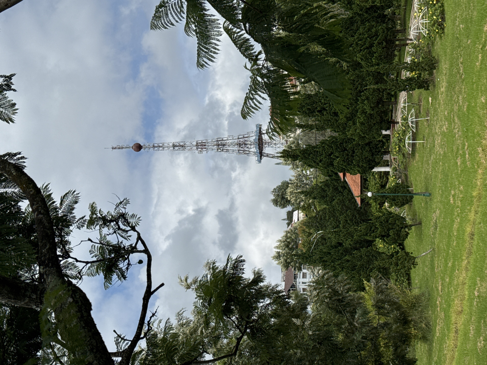 A view from a park in Da Lat, Vietnam, looks towards a tall lattice telecommunications tower topped with a spherical object, set against a cloudy sky. In the foreground, a manicured green lawn is bordered by various trees, including tall, conical evergreens and broad-leafed trees with feathery foliage. Several small, white, umbrella-like structures are dotted across the grass, likely decorative elements for a garden or park. In the mid-ground, nestled amongst the trees, are buildings with red-tiled roofs and white walls. A lamppost stands near the center of the image. The overall scene depicts a serene park landscape with a prominent urban structure in the distance.