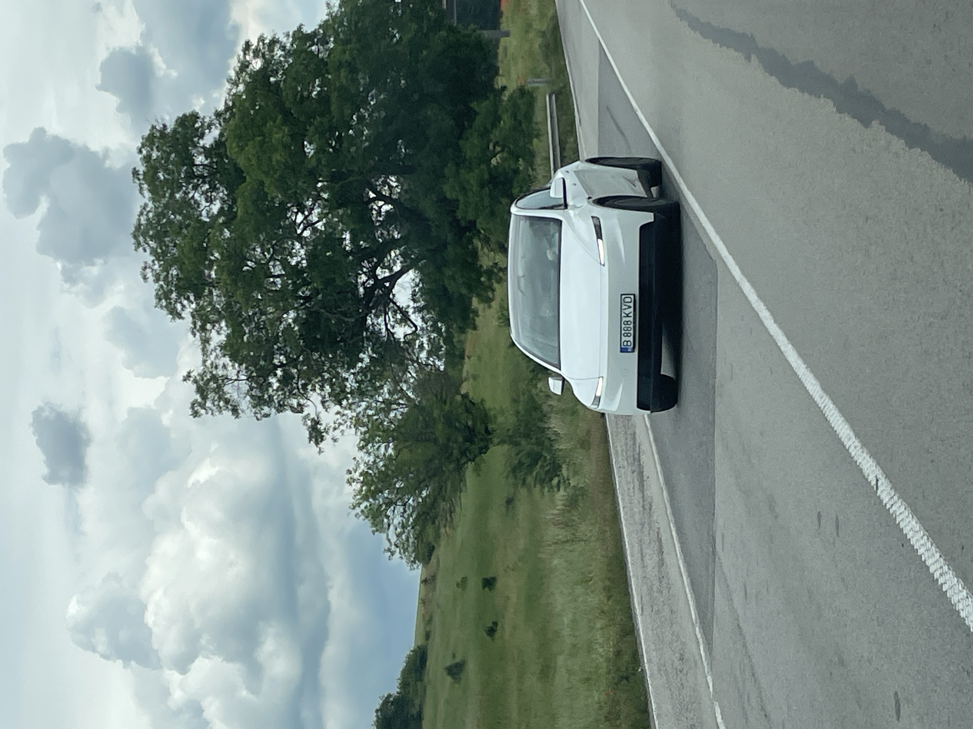 A white Tesla Model Y is parked on the right side of a gray asphalt road with a white dashed line. The license plate reads "B 888 KVD". To the left of the car is a green grassy field, a large tree, and a cloudy sky. The location is Beli Lom, Bulgaria.