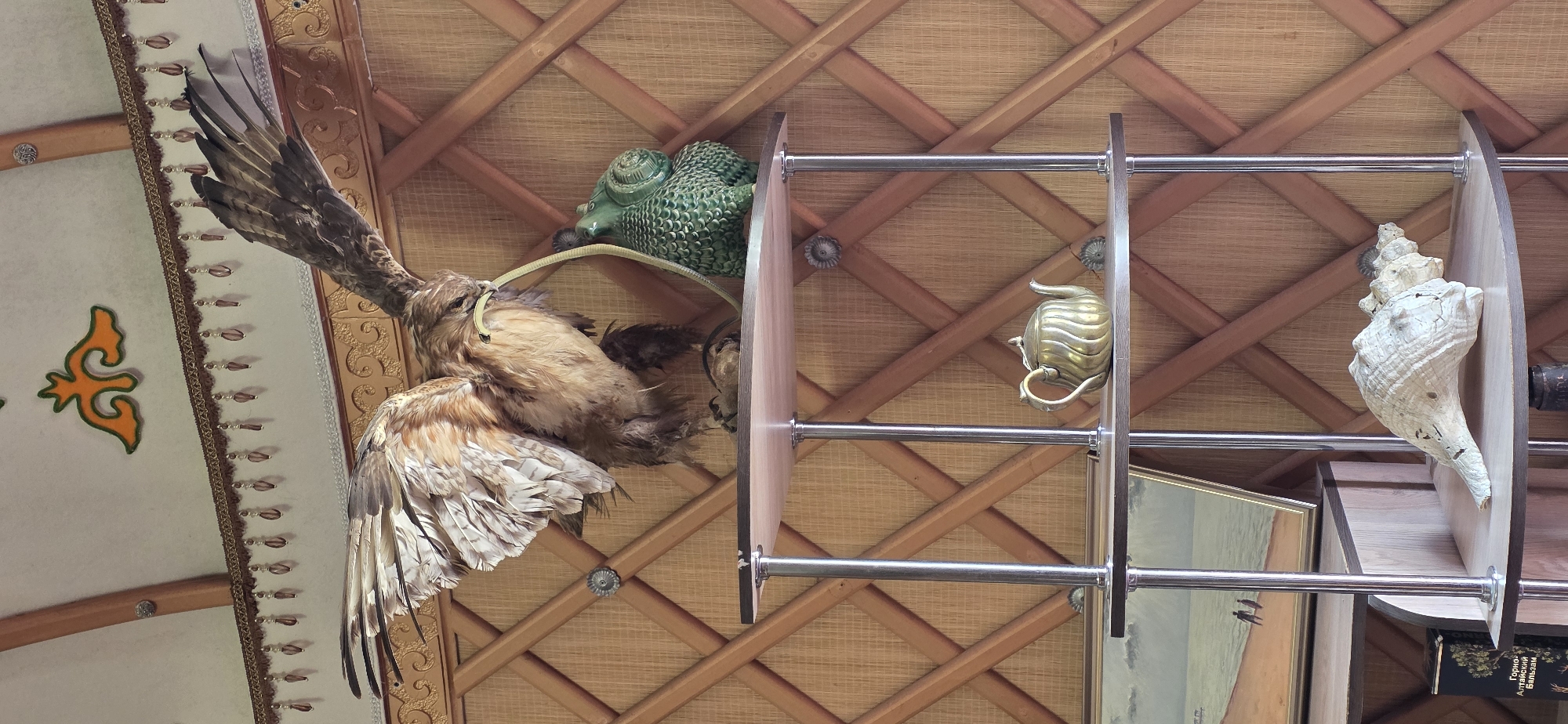 The image depicts an indoor scene within a yurt, characterized by its distinctive lattice-work walls and ceiling decorations. On a multi-tiered shelf unit, a taxidermied eagle with outstretched wings is prominently displayed, appearing to grasp a green, coiled snake-like object in its beak. Below this, on a lower shelf, sits a small, ornate brass teapot. Further down, a framed painting of a beach scene with two figures is visible. The lowest visible shelf holds a large, pale conch shell. The setting appears to be a cultural or historical exhibit, potentially in the city of Bulan-Segettu, Kyrgyzstan, given the yurt architecture.