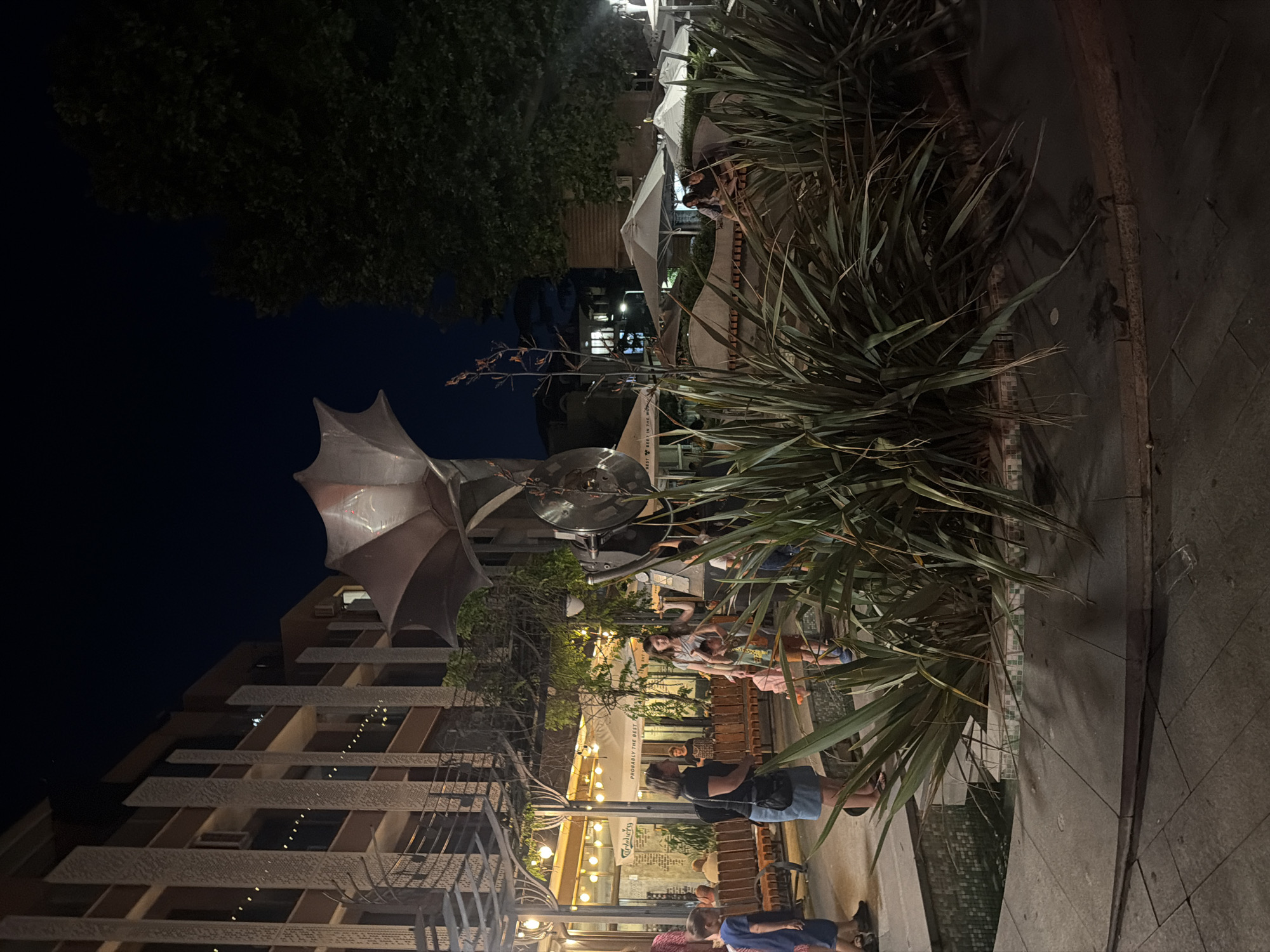The image depicts an outdoor urban scene at night. A modern, multi-story building with patterned facades and illuminated windows stands on the left. In the center, a large, metallic sculpture resembling a stylized wing or flower is visible. In front of the building, several people are present, some walking and others seated on benches. A water feature with tiled edges is in the foreground, partially obscured by lush, spiky green plants. Several umbrellas are set up, suggesting an outdoor dining or seating area. The general atmosphere appears relaxed and social. The location is identified as Burgas, Bulgaria.