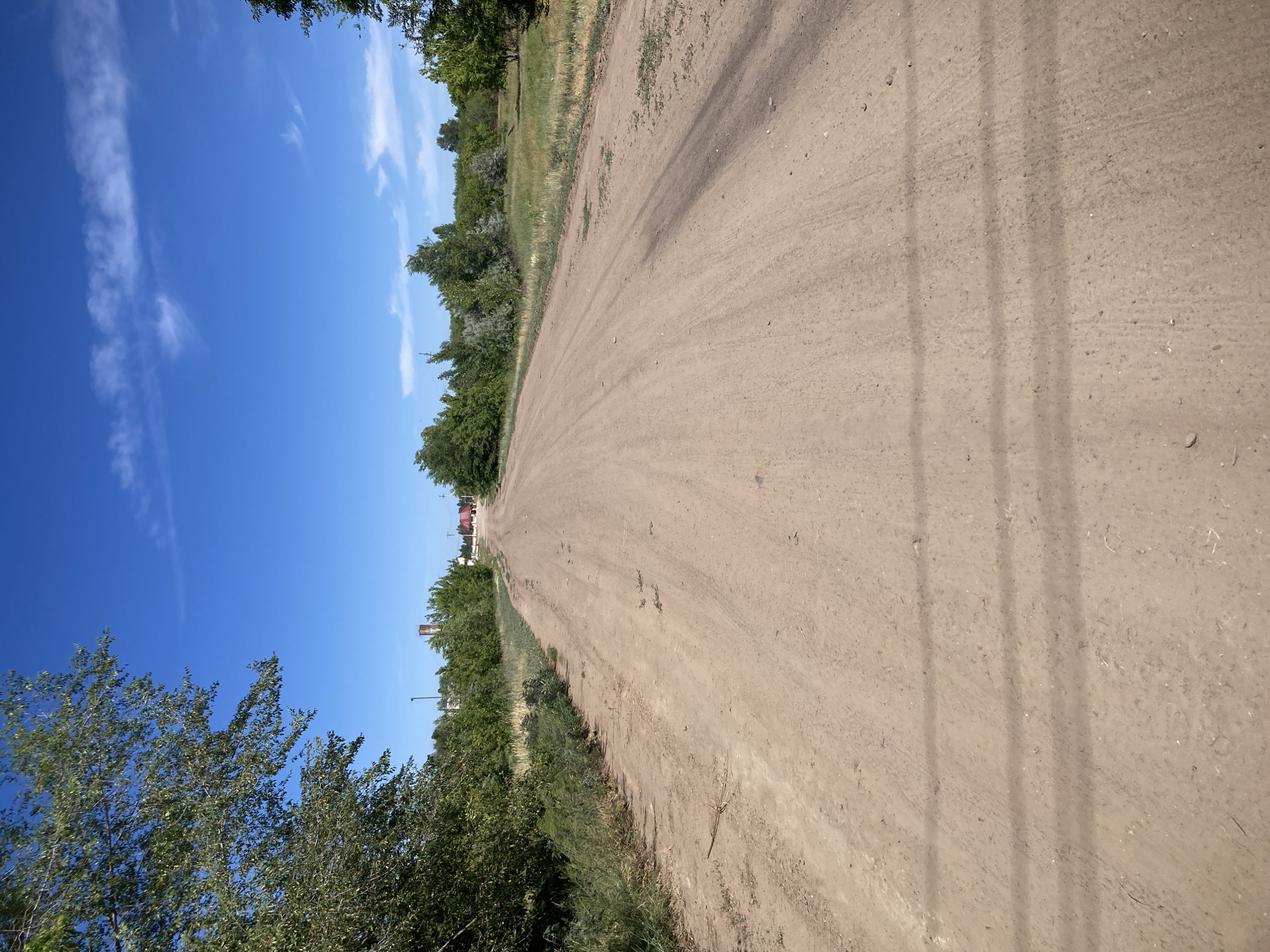 The image depicts a dusty dirt road stretching into the distance under a clear blue sky with scattered white clouds. Green trees and vegetation line the sides of the road. In the distance, there appear to be some buildings or structures, possibly with red roofs. The road shows tire tracks from vehicles. The environment appears rural or semi-rural. No people or specific actions are visible in the image.