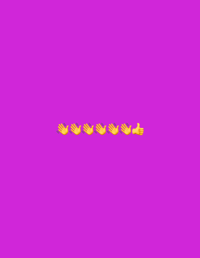 The image is a flat, digital graphic with a solid magenta background. Centered horizontally near the bottom of the frame, there is a row of six yellow emojis. From left to right, the emojis are five "waving hand" symbols, followed by one "thumbs up" symbol. The image does not depict any specific location in Gorzow, Poland, or any real-world scene.