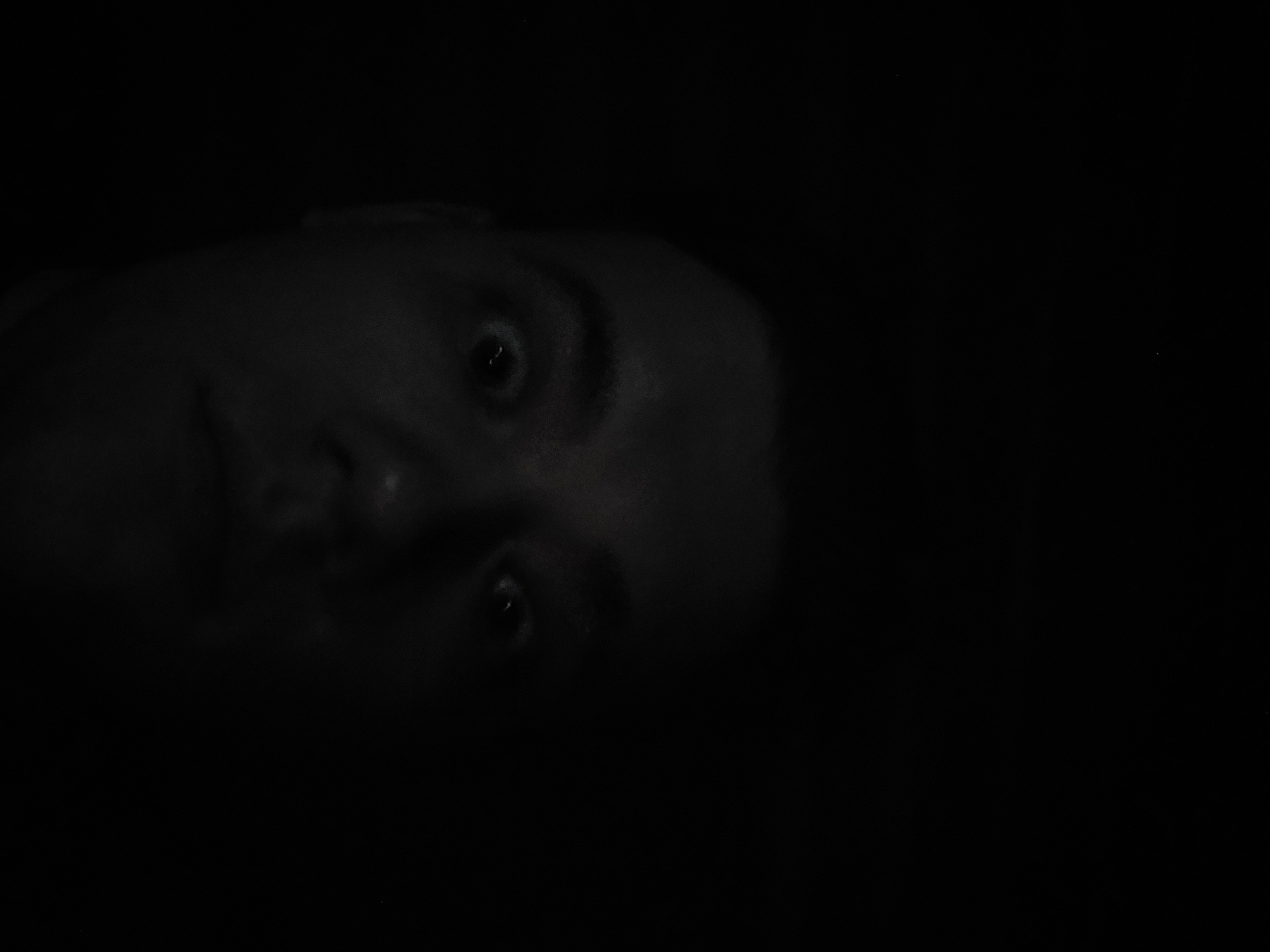 A person's face is partially visible in a dark environment. The face is turned to the left and angled toward the viewer. The eyes are open and directed toward the viewer. The surrounding environment is dark and obscures most of the face and background. The location is unknown and not discernible from the image.