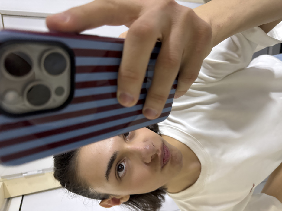 A close-up, angled indoor shot captures an individual taking a selfie. The subject, a person with short, dark hair and light skin, occupies the left side of the frame, looking directly towards the camera with pursed lips. They are wearing a plain white crew-neck t-shirt. Their right hand is prominent in the foreground, holding a smartphone with a case featuring vertical light blue and dark red stripes. The rear camera module of the phone, showing three lenses, is visible and out of focus, indicating the phone is being used to capture the image. The background consists of plain white walls, with some light-toned wooden or paneling elements visible on the far left. The specific location within the city of Yerevan, Armenia, is not discernible from the visual information provided in the image.
