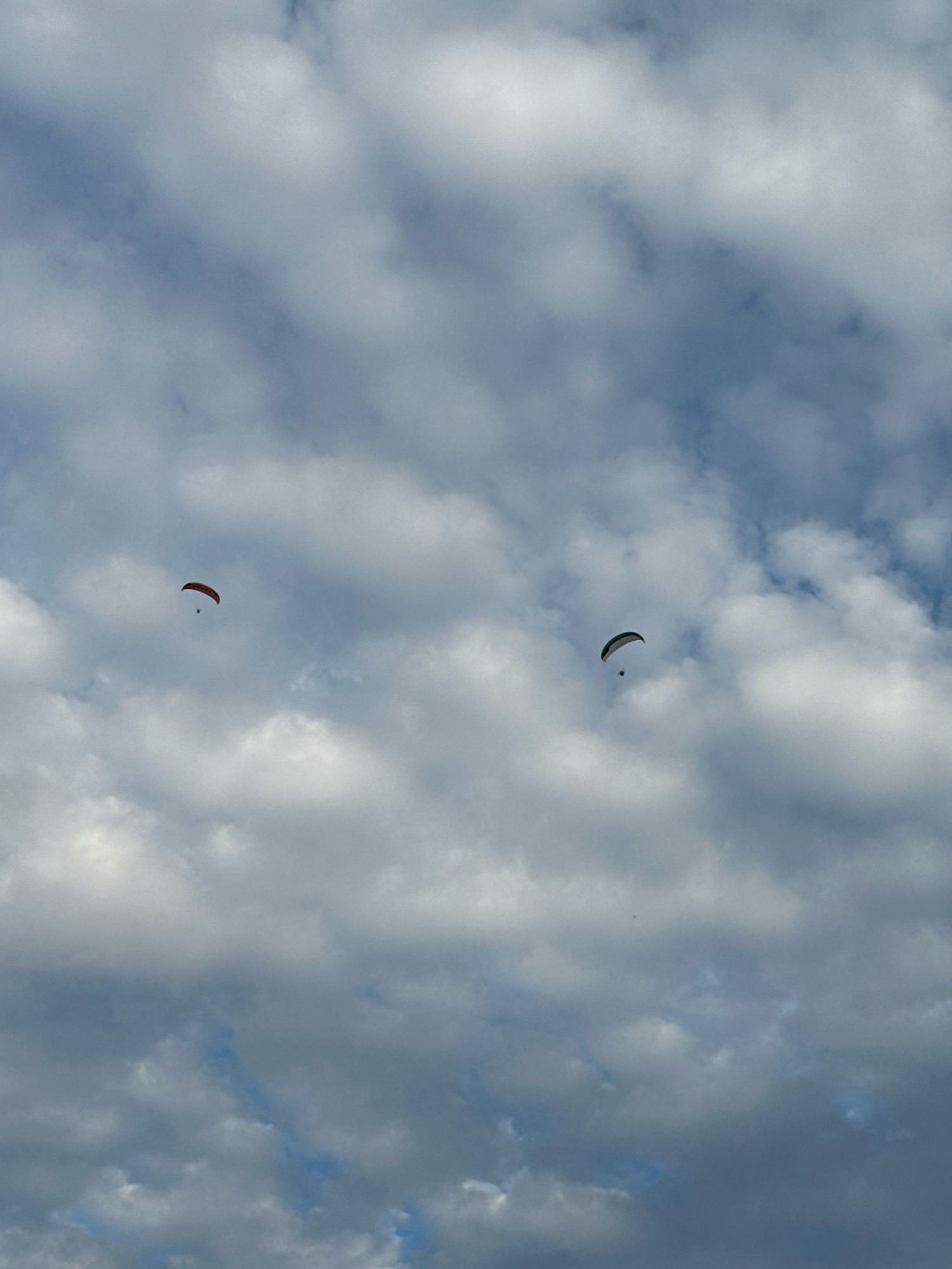 The image shows a cloudy sky with two paragliders in the distance. The sky is a mixture of blue and white, with large, fluffy clouds. The paragliders are small figures against the vastness of the sky. One paraglider is red and white, and the other is green and white. Both appear to be in mid-flight. The image is taken from a low angle, looking up at the sky. The scene is peaceful and serene, with a sense of freedom and adventure. It is not possible to determine the location in Boreti, Montenegro from the image.
