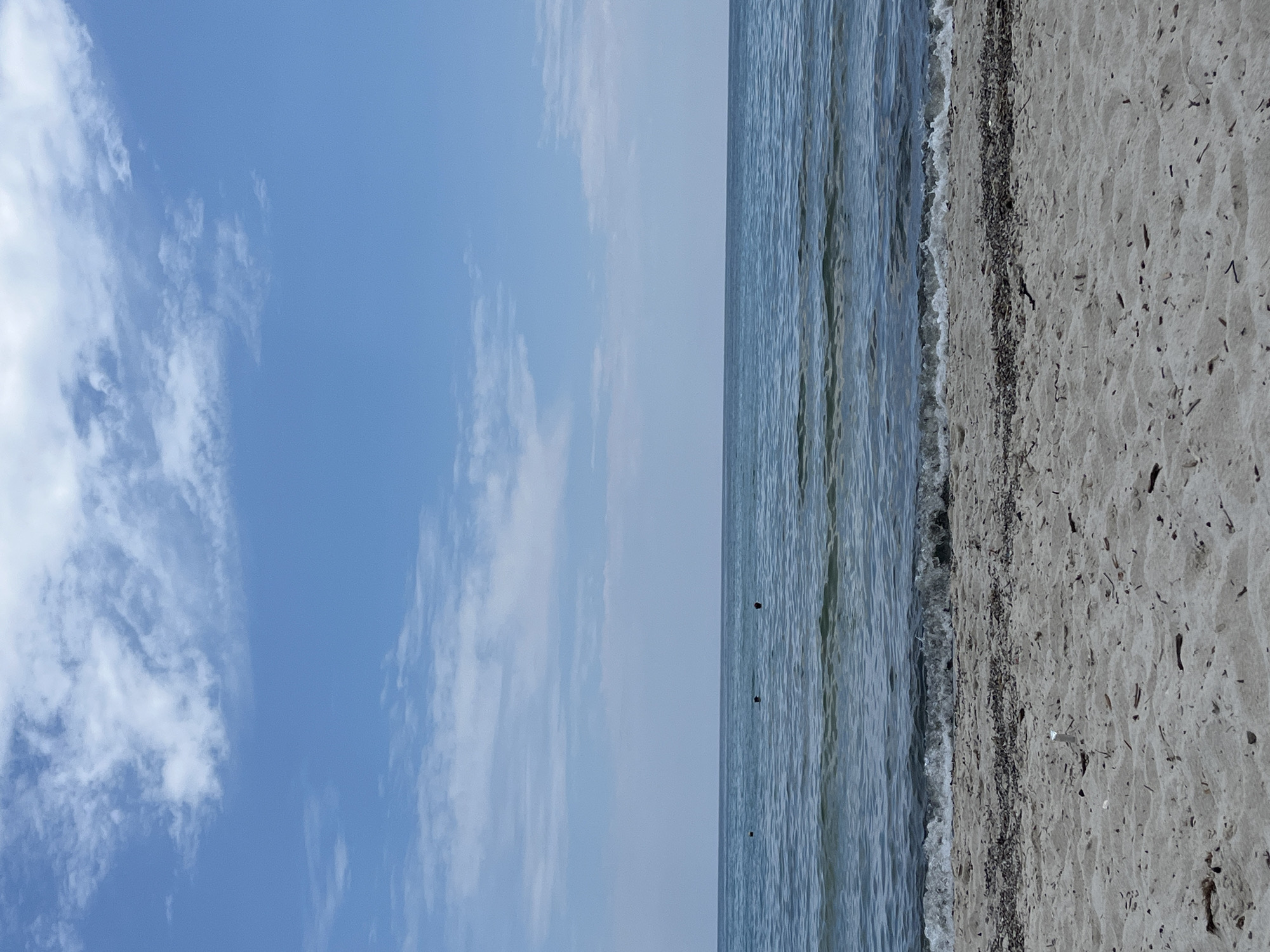 The image depicts a serene beach scene at Golden Beach, Greece, under a bright blue sky dotted with fluffy white clouds. The foreground is a sandy beach with scattered debris, likely seaweed and small pieces of wood. A gentle wave is breaking at the shoreline, creating white foam. The sea is calm and blue, stretching to the horizon where it meets the sky. Three dark, spherical buoys are visible in the water, spaced apart. The overall impression is one of peaceful tranquility.