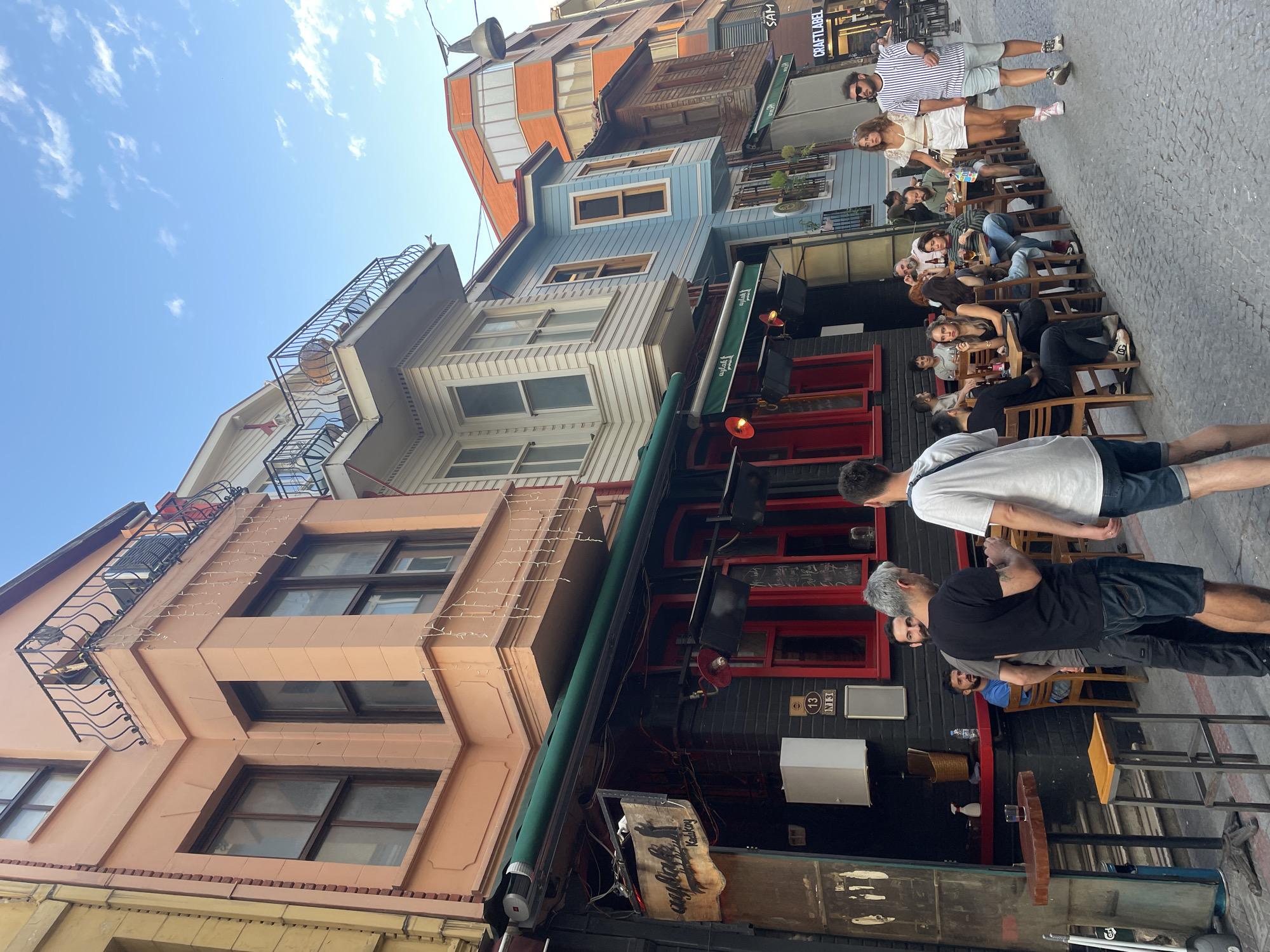 The image shows a street scene in Kadıköy, Turkey. The street is lined with buildings of various architectural styles and colors. In the foreground, there is a row of outdoor seating for a restaurant or bar, with people seated at tables. A group of people is walking down the street. The architecture includes buildings with balconies, bay windows, and brightly colored facades, including a pink, a light blue, and an orange building. The street is paved with cobblestones. The sky is visible and appears to be a clear blue with some scattered clouds. There is a sign on one of the buildings that reads "aylak Kadıköy".