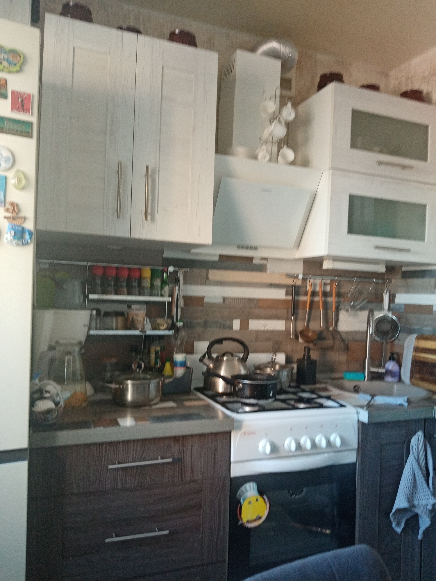The image depicts a kitchen interior. Overhead are white cabinets. Under the cabinets, there's a variety of items including spice racks, cooking utensils, and a range with pots and kettles on the stovetop. A patterned backsplash is visible above the counter. The lower cabinets are wood-grain. There's a stove with a cartoon magnet on the front. A dish towel hangs on the cabinet to the right of the stove. The image was taken in a private residence in Elektrostal, Russia.