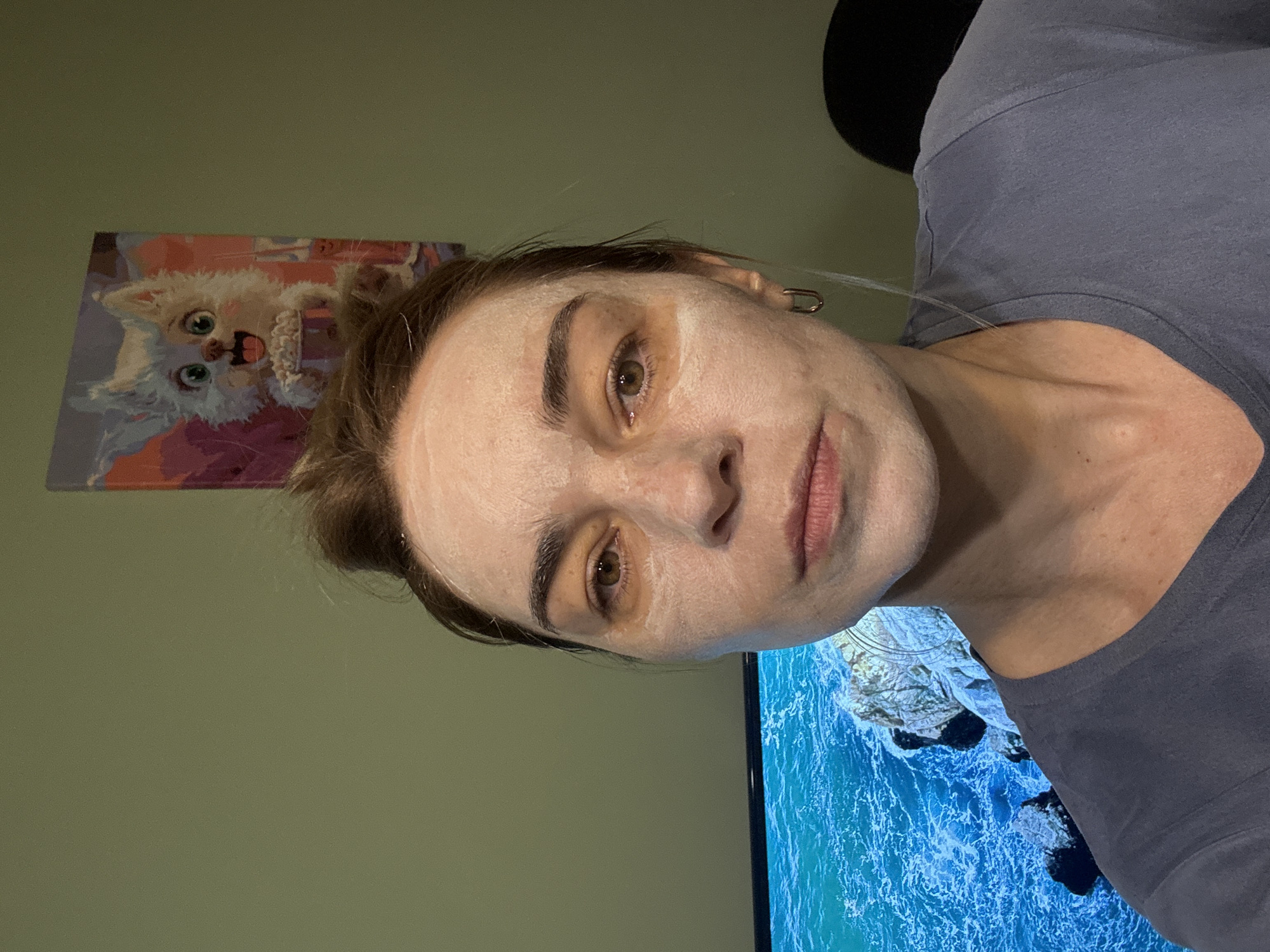 A woman with a white facial mask poses for a selfie in an indoor setting. She is wearing a gray t-shirt, and her hair is pulled back in a bun. Behind her, on the wall, is a colorful painting of a cat. A television screen displaying an ocean scene is visible in the lower portion of the frame. The location is Unknown, Unknown.