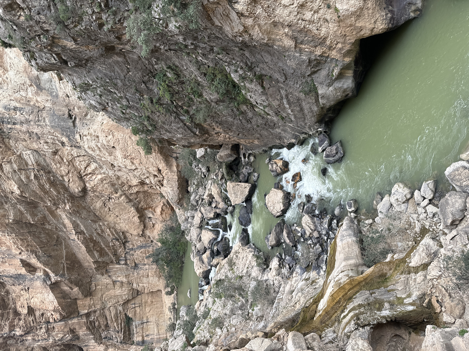 The image captures a view of El Caminito del Rey, a walkway pinned along the steep walls of a narrow gorge in El Chorro, near Ardales in the province of Málaga, Spain. The photograph shows a perspective from a high vantage point, looking down into the river gorge. The river below exhibits varying shades of green. The gorge walls are composed of rock formations that are predominantly brown and gray. Vegetation is sparse but present on the rock walls in some areas. The river's course is interrupted by numerous rocks, creating turbulent white water in the sections where the water flows rapidly. The overall environment appears to be rugged and natural.