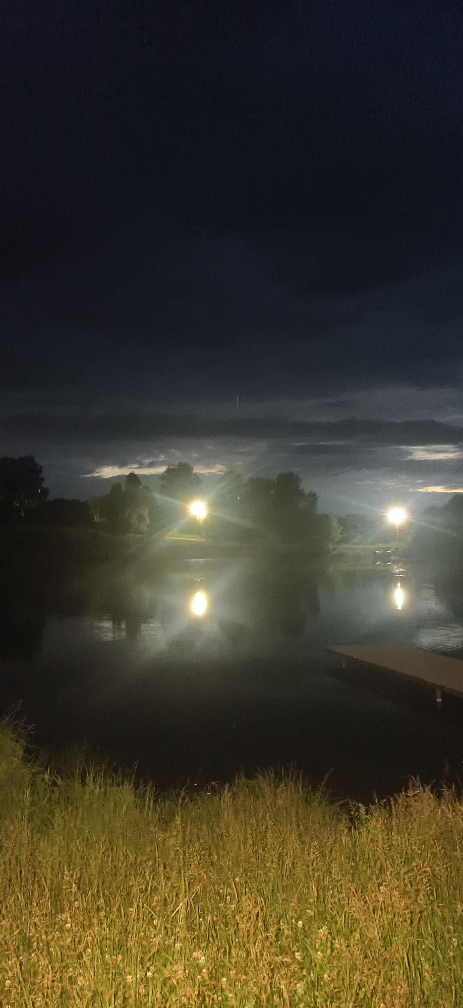 The image depicts a twilight scene of a body of water, possibly a lake or pond, situated in a natural or park-like setting. The sky is dark with heavy clouds, but there are patches of lighter sky and some visible cloud formations. Several artificial lights are present, illuminating the trees and reflecting on the water's surface. In the foreground, there is tall grass and some wildflowers. On the right side of the image, a wooden dock extends into the water. The overall atmosphere is dim and somewhat moody, suggesting it might be evening or pre-dawn. The location is identified as Фоки, Russia, implying an outdoor environment within or near the city. There are no people visible in the image.