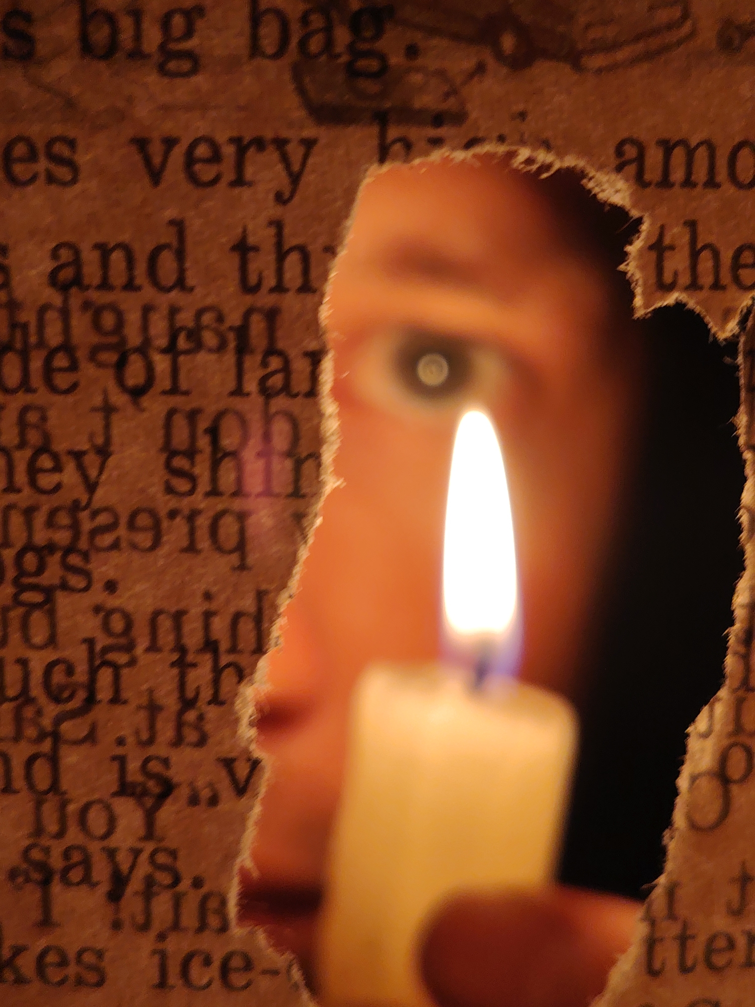 A close-up, low-angle shot features a person's eye peeking through a torn hole in aged paper. The paper is covered in dark, printed text. The eye, wide and focused, is illuminated by the soft glow of a lit candle placed in front of it. The candle's flame is bright white with hints of blue at its base. The person's skin is warm-toned and softly lit, with a hint of cheek visible. The background behind the paper is dark and out of focus, creating a sense of depth and intimacy. The torn edges of the paper are rough and frayed, adding a tactile element to the image. The text on the paper is partially obscured by the hole and the face, but some legible words and fragments can be discerned, including "big bag," "very," "and th," "de of far," "hey shin," "gs.," "uch th," "nd is," "NOY," "says," "kes ice-," "amo," "the," and "tter." The overall mood is mysterious and contemplative, with the candlelight casting a warm, intimate glow. The location context of Chaikovsky, Russia, does not appear to be directly indicated by any visual cues in the image.