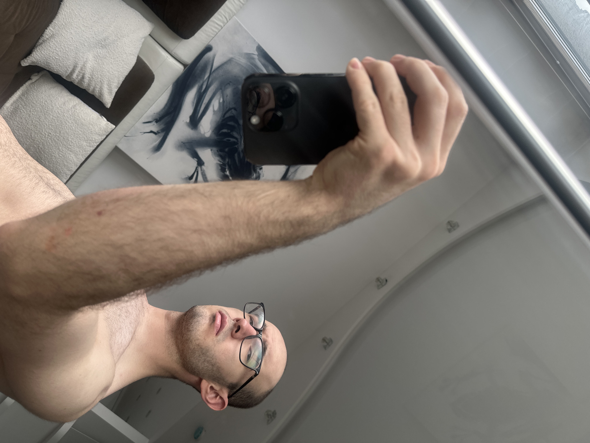 A shirtless man with glasses is taking a selfie in a mirror. The background includes pillows on a couch, a painting, and what appears to be a window frame. There is no location specific context to indicate the city of Khimki, Russia.