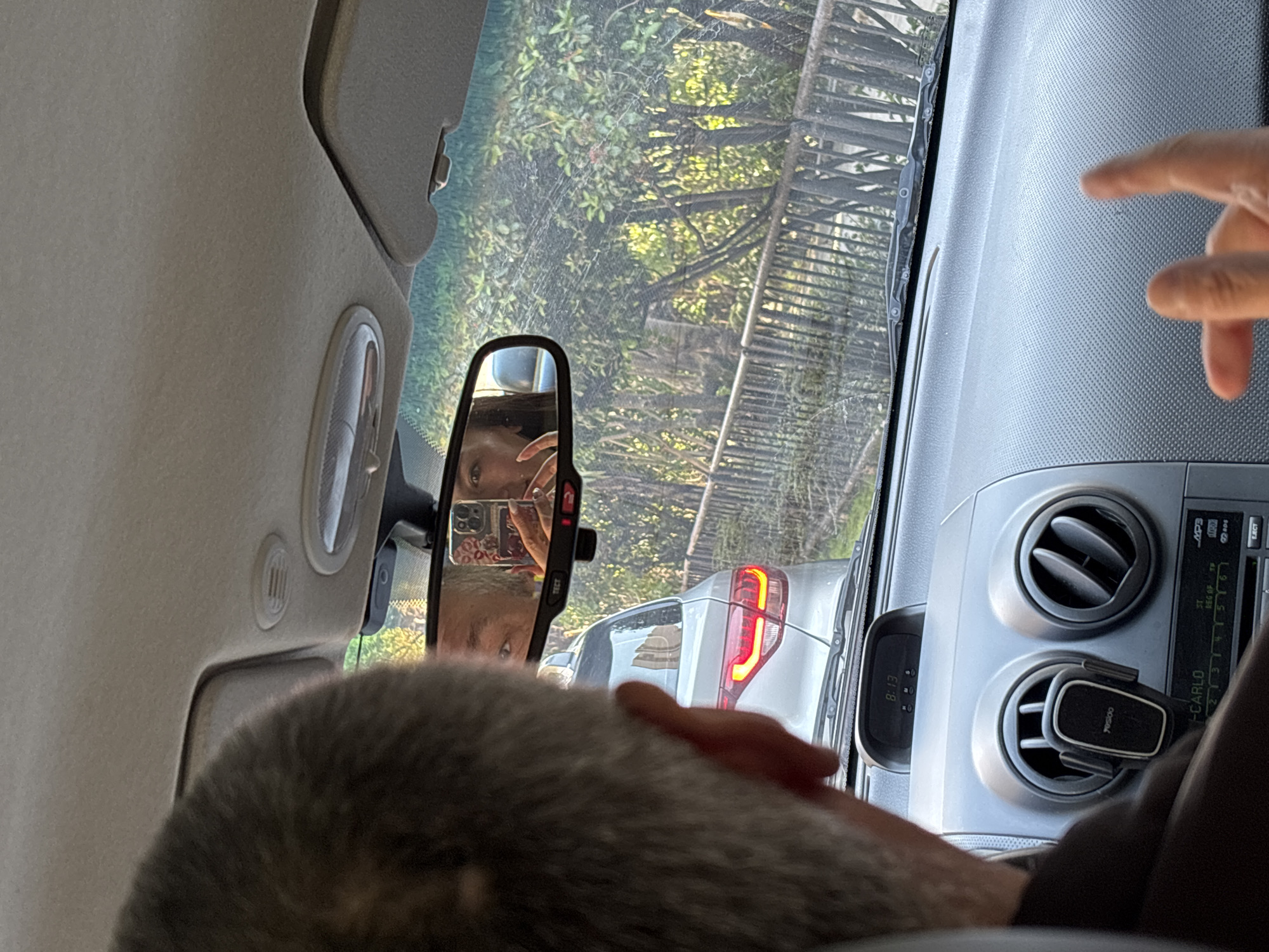 A view from inside a car in what appears to be a traffic jam. The rear-view mirror shows a person reflected, holding a smartphone. Outside, trees and a metal railing are visible. A silver car is in front. The car's dashboard features round air vents, a digital clock reading 8:13, and a car stereo. The location, Sochi, Russia, is indicated by the word "CARLO" on the car stereo.