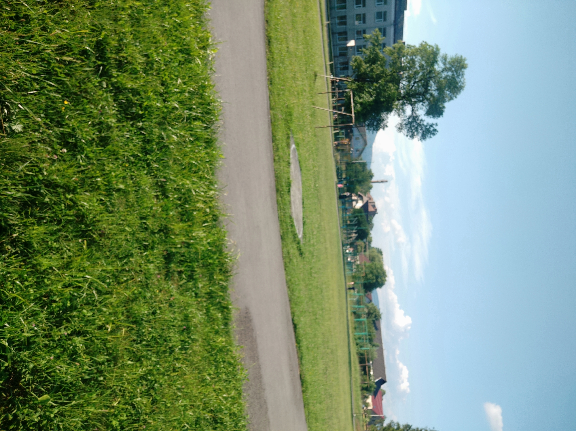 The image depicts an outdoor scene on a sunny day with a clear blue sky. In the foreground, a path curves through a grassy area. Beyond the path, a large, open field of green grass stretches towards the background. On the left side of the field, a multi-story building with numerous windows is visible, with a large tree positioned in front of it. A simple metal structure, possibly a goalpost or part of a playground, stands in the middle of the field. Further in the background, several houses with pitched roofs and trees are scattered across the landscape, with hills visible in the distance. There are a few indistinct figures in the field. The overall impression is of a park or a schoolyard in a semi-urban or rural setting.