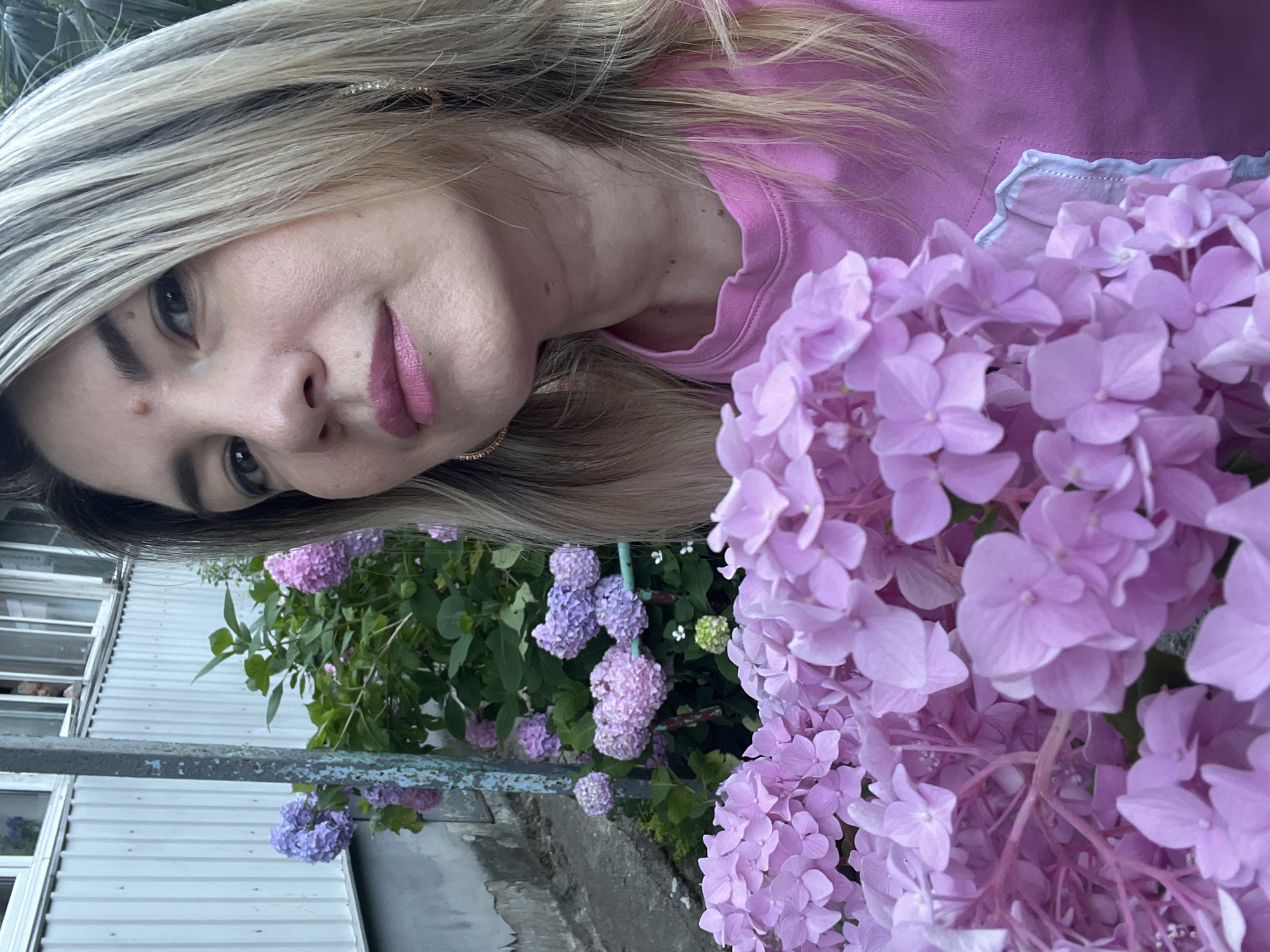 This is a vertical, close-up, selfie-style photograph of a woman with blonde hair and pink lipstick. She is wearing a pink top with a light blue ruffled trim at the neckline. The woman is holding a cluster of light purple hydrangeas in front of her face, partially obscuring her. Her face is tilted, and she is looking directly at the camera with a slight smile.
In the background, out of focus, there is a green bush with more purple and pink hydrangeas. To the left of the hydrangeas, a section of a building with white horizontal siding and several windows is visible. A gray metal railing runs horizontally across the middle of the frame, in front of the building and hydrangeas.
The lighting suggests it is daytime, possibly overcast given the diffused light. The presence of hydrangeas indicates a temperate climate, and the location context provided is Sochi, Russia. The overall mood of the image is relaxed and natural. No text is visible in the image.