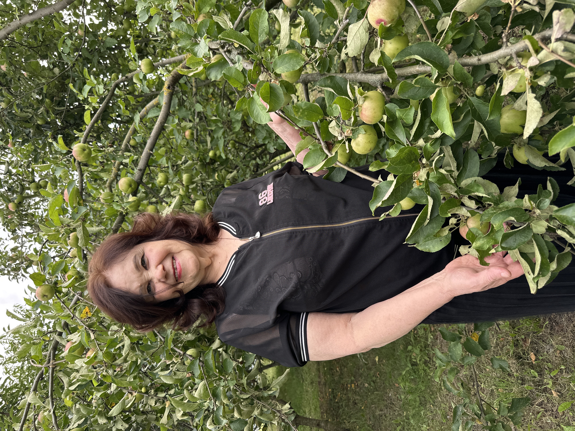 A woman stands in an apple orchard, possibly in Verkhneye Kazach'ye, Russia. She is looking at the camera and smiling. She has dark hair and is wearing a black zip-up jacket with white trim. Her hands are visible, one near the apples on the tree. The apple tree is laden with green and red apples. The background is filled with more apple trees and green foliage.