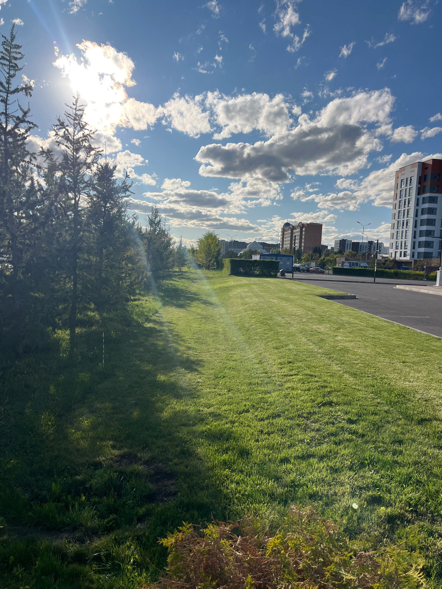The image depicts a sun-drenched scene in Astana, Kazakhstan, featuring a well-maintained lawn bordered by a row of coniferous trees on the left. A paved road runs along the right side of the lawn. In the background, modern residential buildings and other structures are visible, indicative of an urban environment. The sky is a bright blue, dotted with fluffy white clouds, and the sun is shining intensely, casting long shadows across the grass. The overall impression is one of a pleasant, sunny day in a contemporary city setting.