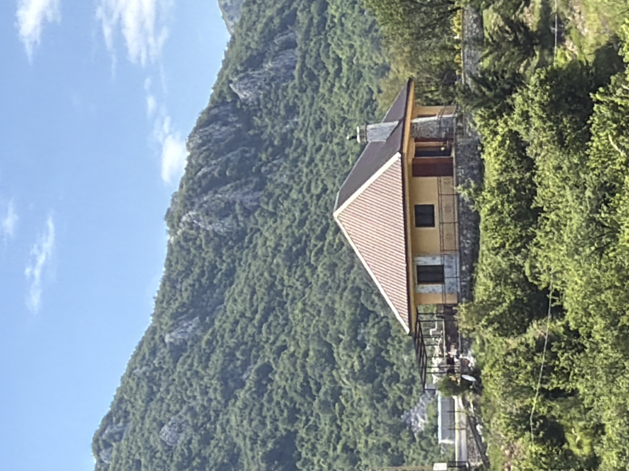 A wide shot captures a yellow house with a terracotta roof nestled on a hillside in Vrela, Montenegro. The house, featuring stone accents and a prominent chimney, is surrounded by lush greenery and overlooks a densely forested mountain range under a clear blue sky with scattered clouds. A small patio area is visible on the left side of the house, and a satellite dish is perched on the hillside. The foreground is filled with dense trees and vegetation.