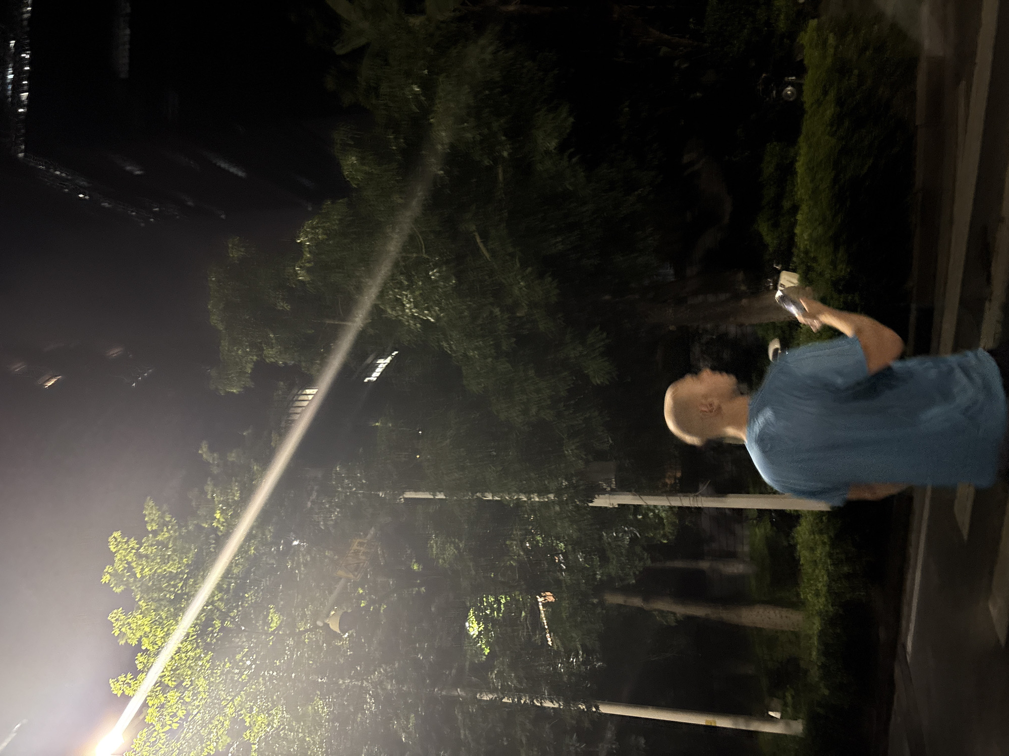 A person, appearing to be a male with a shaved head, is standing outside at night in what appears to be a park or a street with trees. He is wearing a blue t-shirt and is looking down at a mobile phone in his hand. The scene is dimly lit, with a strong light beam coming from the lower left, possibly from a street lamp, illuminating the trees and a portion of the pavement. The trees are lush and green, suggesting a warm season. In the background, there are hints of buildings and other urban elements, indicating a city environment. The overall mood is quiet and perhaps a bit solitary, with the individual engrossed in his phone. The lighting creates a dramatic effect, with strong contrasts between light and shadow. No visible text is present in the image. The location context is Haizhu District, China, which is a district in Guangzhou, a major city known for its parks and urban landscapes.