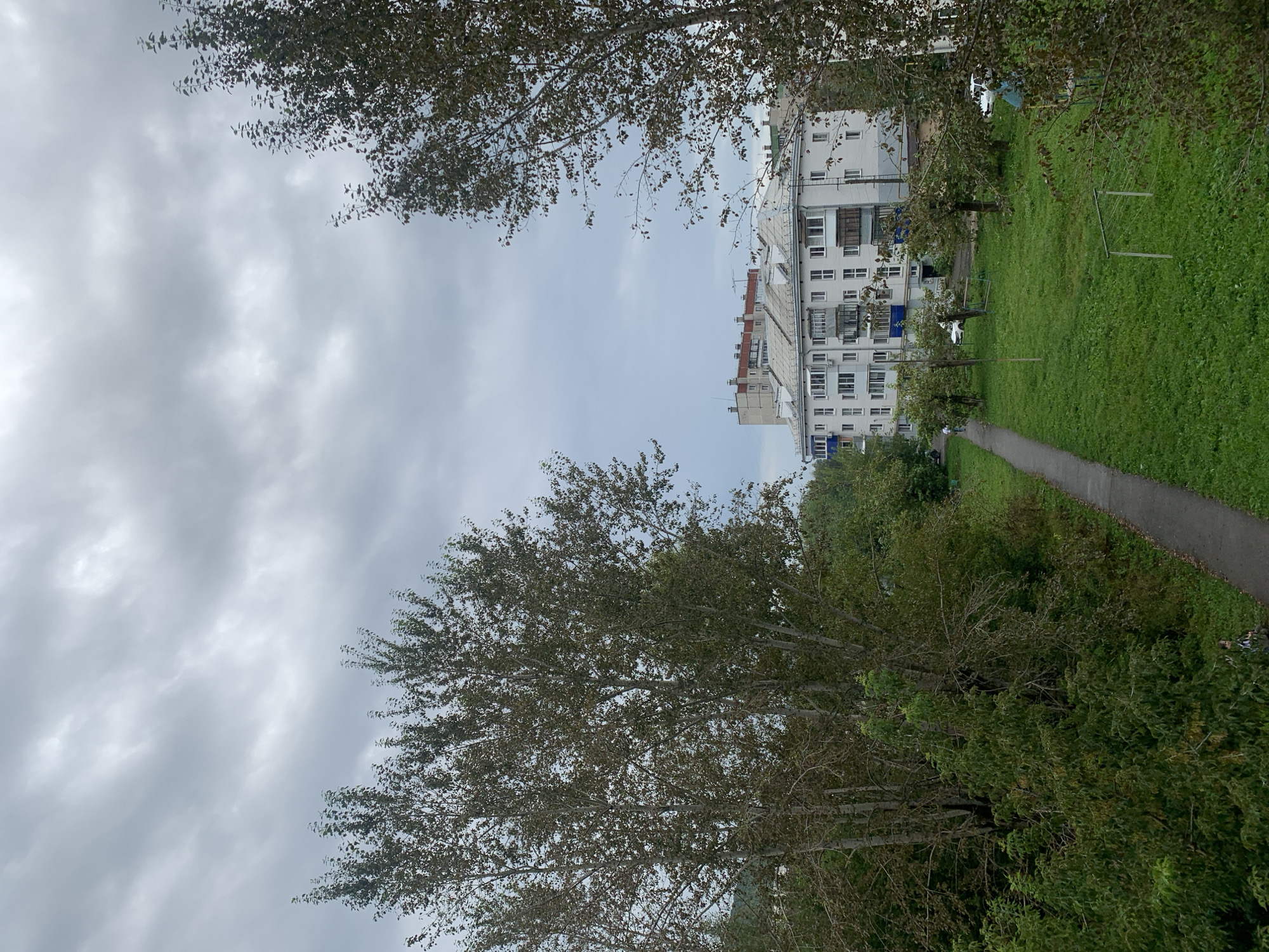 The image depicts a view of a residential area in Asha, Russia, under a cloudy sky. In the foreground, two large trees frame the scene, with one on the left and another on the right. A paved walkway runs diagonally from the bottom left to the center of the image, bordered by a lush green lawn on its right. Beyond the lawn, a low-rise apartment building with a white facade and multiple balconies is visible. Several smaller trees are scattered across the lawn in front of the building. Further in the background, another taller apartment building with a reddish-brown roof is present. A single person is seen walking on the path, and a white car is parked near the apartment building. The overall atmosphere is overcast, suggesting it may be a cool or rainy day.