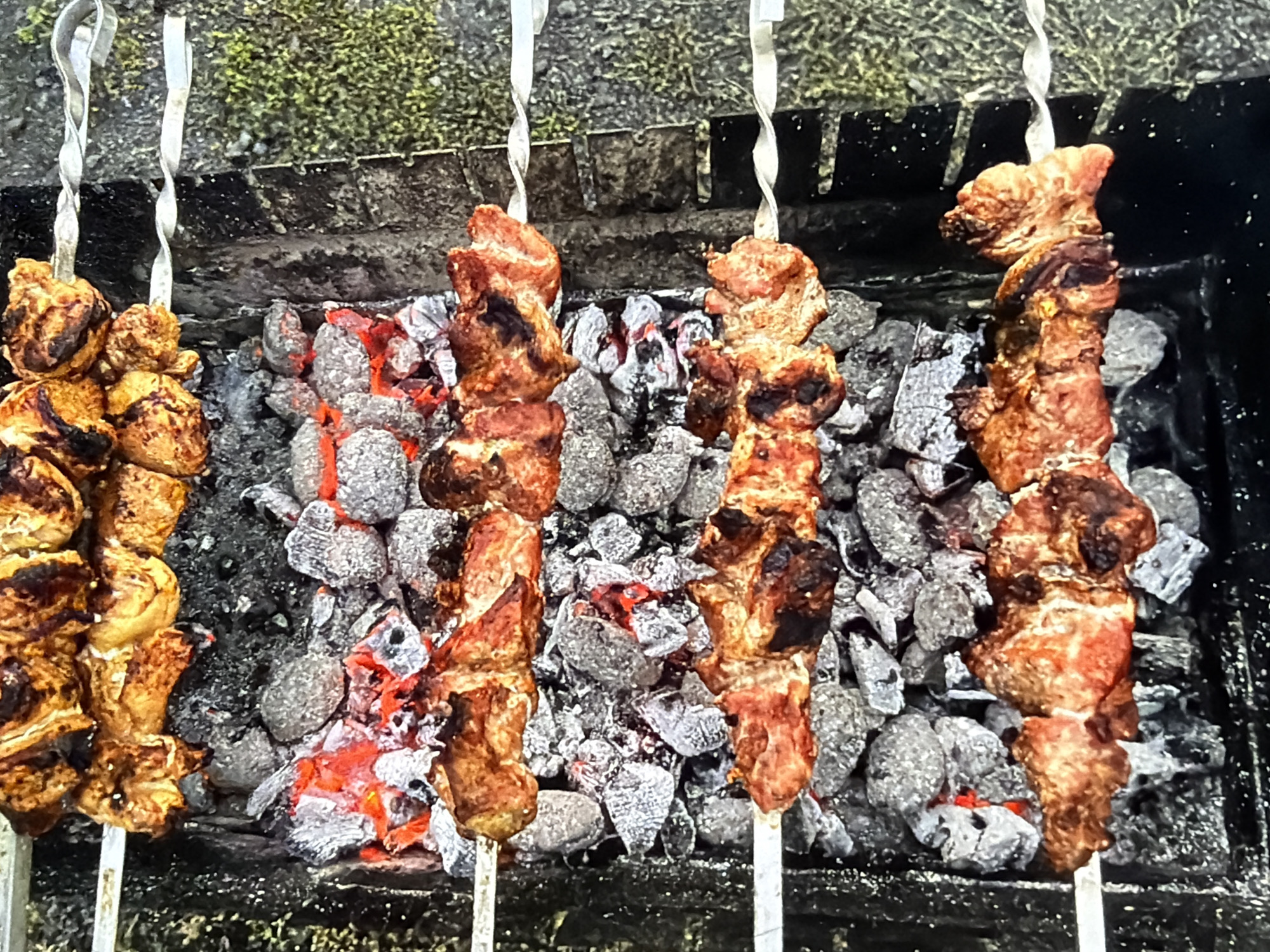The image displays an outdoor grilling scene featuring multiple metal skewers laden with cooking meat over hot charcoal. A rectangular, dark-colored grill structure, possibly metal, occupies the central and lower sections of the frame. Inside, numerous charcoal briquettes are present, with several emitting a bright orange-red glow, indicating active burning.
Four skewers are horizontally positioned across the grill. The topmost skewer holds golden-brown pieces of meat, possibly chicken, exhibiting a cooked and slightly charred exterior. The second and third skewers from the top each bear chunks of red meat, consistent with pork or beef shashlik, which are browned and show areas of charring. The bottommost skewer contains larger pieces of red meat, similarly browned and cooked, with some darker, charred spots. The skewers are plain metal, some featuring twisted ends.
No individuals are visible in the frame. To the right of the grill, a textured surface covered in green moss or lichen is visible, consistent with concrete or stone in an outdoor environment such as a garden, courtyard, or park. The illumination suggests daylight. The image contains no discernible landmarks or identifying architectural features that would permit the precise geo-location of this specific scene within the city of Kyiv, Ukraine.